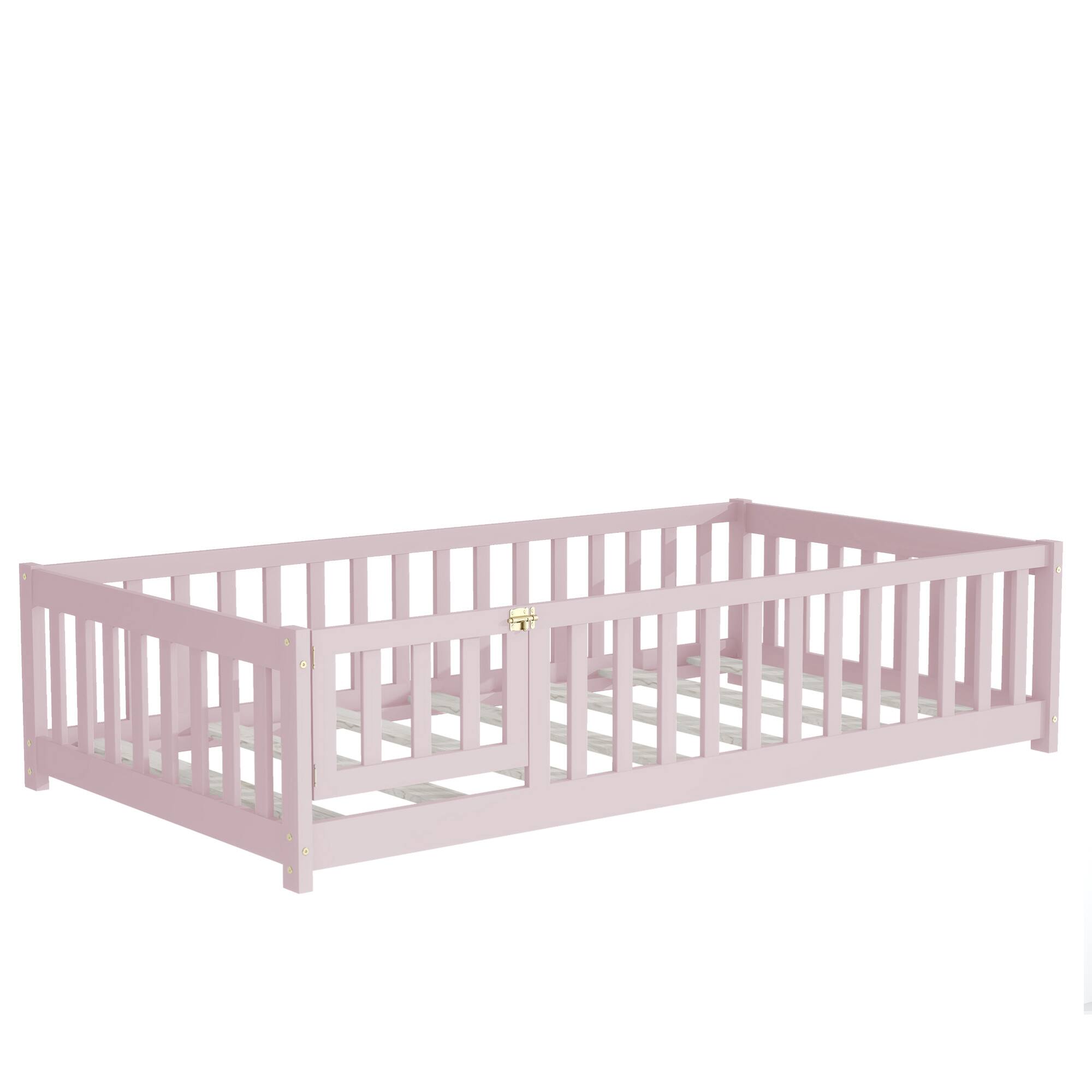Alt View 8. GOODSILO - Twin Size Low-Profile Children's Floor Bed with Safety Guardrails and Entry Door, Natural Wood Finish - Pink.