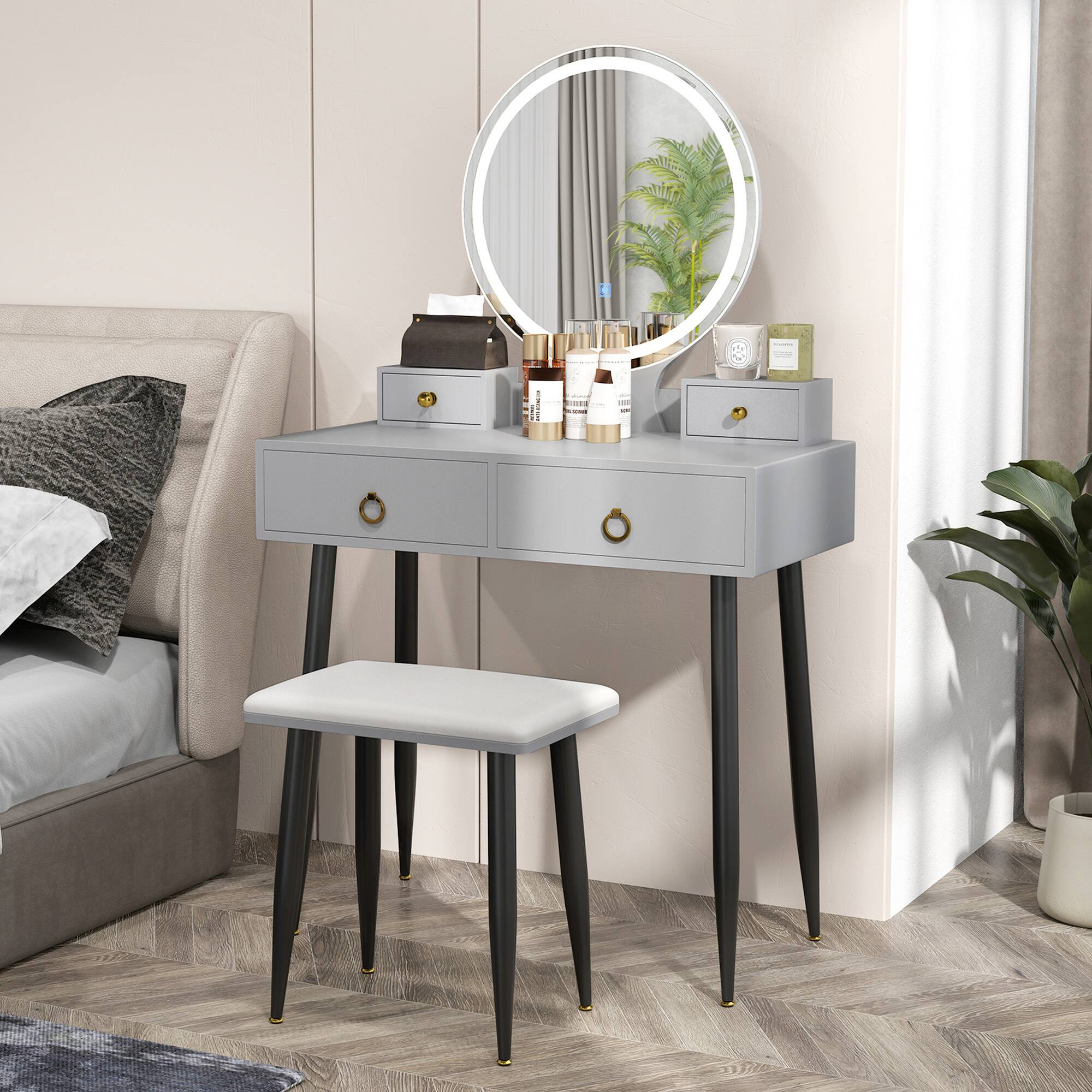 Alt View 5. Costway - Costway Vanity Makeup Dressing Table Stool Set 3-Color Lighted Mirror with Drawers - Gray.