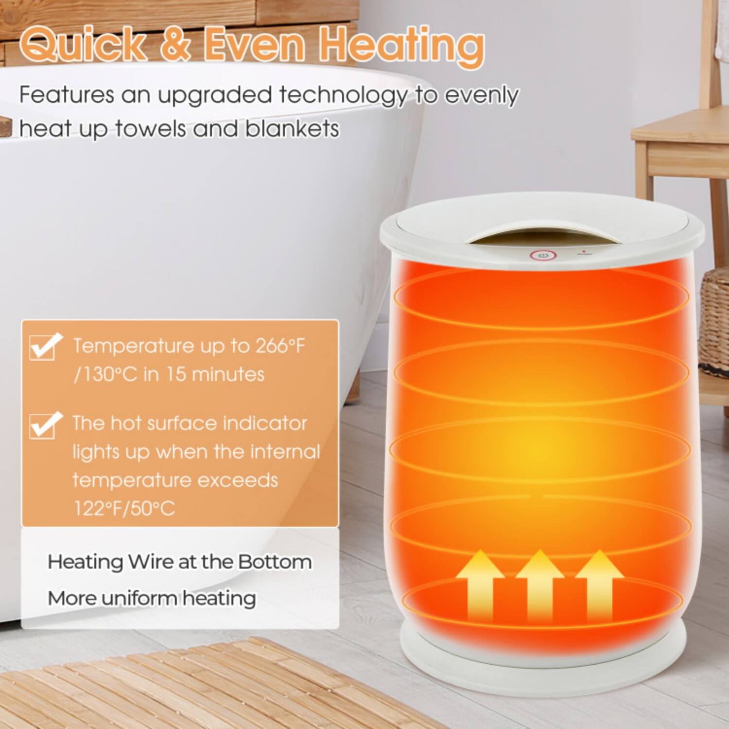Quick & Even Heating

Features an upgraded technology to evenly heat up towels and blankets

- Temperature up to 266°F / 130°C in 15 minutes
- The hot surface indicator lights up when the internal temperature exceeds 122°F / 50°C
- Heating Wire at the Bottom
- More uniform heating