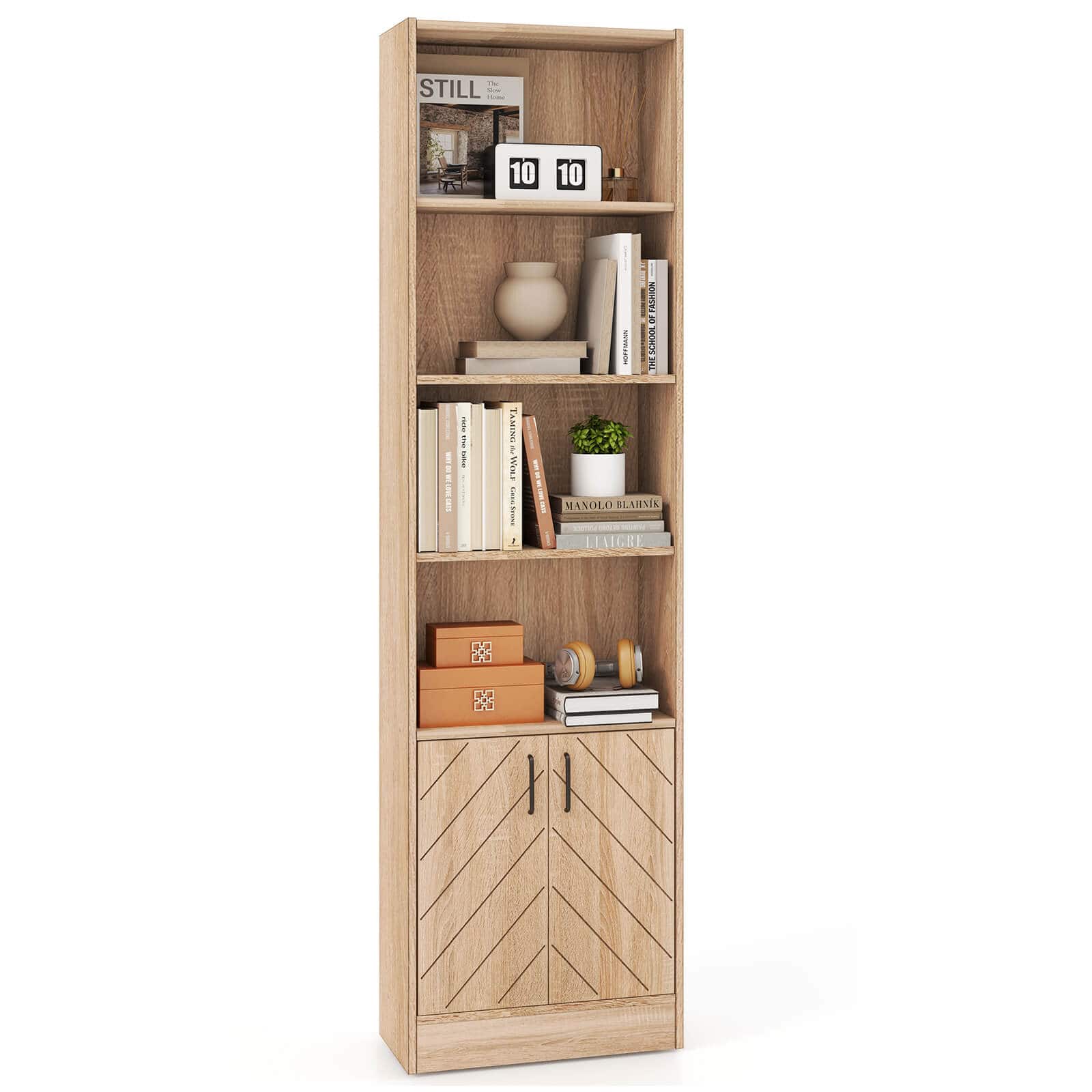 Costway - 71" Bookshelf w/2-Door Cabinet 6-Tier Bookcase Tall Storage Cabinet Display Rack - Oak