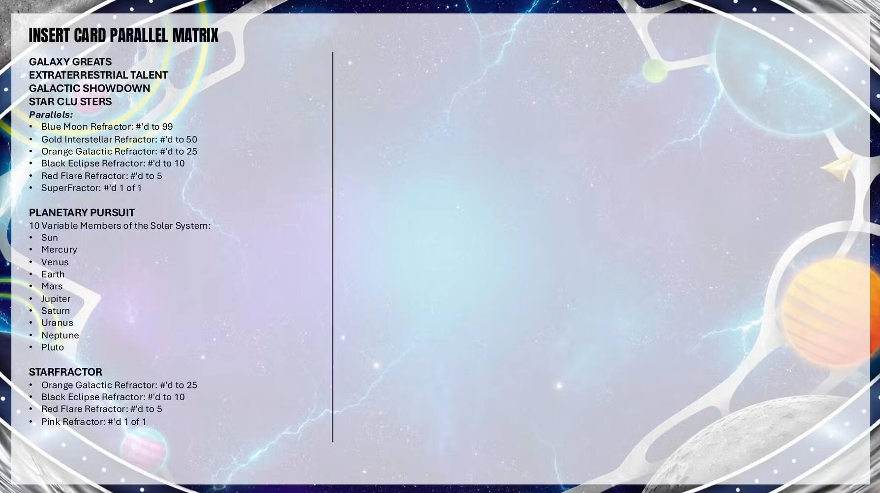 INSERT CARD PARALLEL MATRIX

GALAXY GREATS
EXTRATERRESTRIAL TALENT
GALACTIC SHOWDOWN
STAR CLU STERS

Parallels:
- Blue Moon Refractor: #'d to 99
- Gold Interstellar Refractor: #'d to 50
- Orange Galactic Refractor: #'d to 25
- Black Eclipse Refractor: #'d to 10
- Red Flare Refractor: #'d to 5
- SuperFractor: #'d 1 of 1

PLANETARY PURSUIT
10 Variable Members of the Solar System:
- Sun
- Mercury
- Venus
- Earth
- Mars
- Jupiter
- Saturn
- Uranus
- Neptune
- Pluto

STARFRACTOR
- Orange Galactic Refractor: #'d to 25
- Black Eclipse Refractor: #'d to 10
- Red Flare Refractor: #'d to 5
- Pink Refractor: #'d 1 of 1