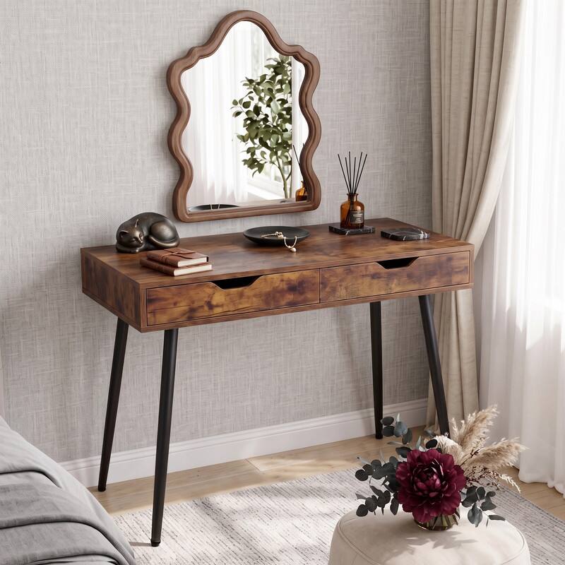 Alt View 1. WELLFOR - 43.5" Modern Computer Desk with 2 Drawers, Study Writing Desk Home Office Desk for Small Spaces - Walnut.