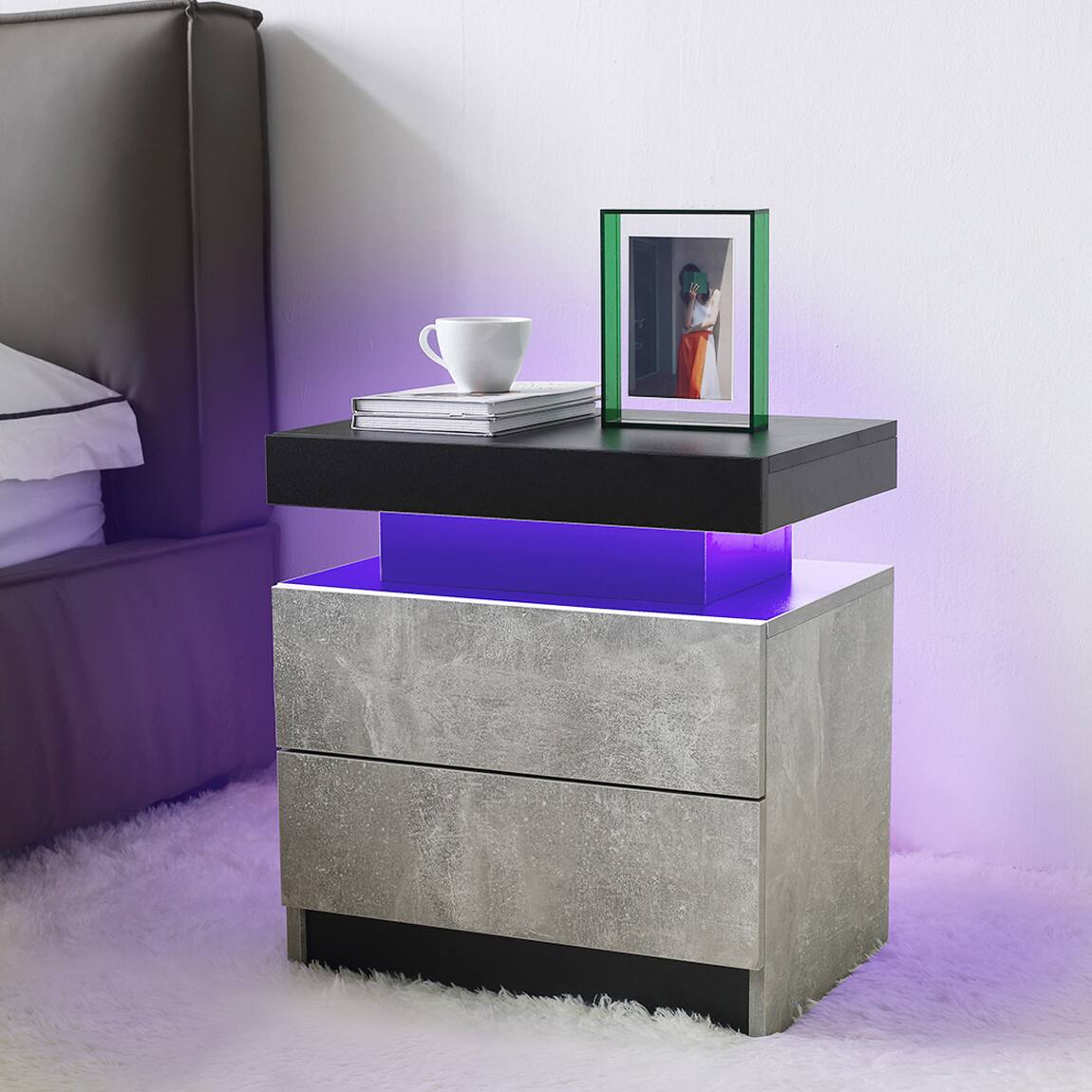 Alt View 3. Meqiodas - Nightstand LED Bedside Table Cabinet Lights Modern End Side with 2 Drawers for Bedroom - Gray.