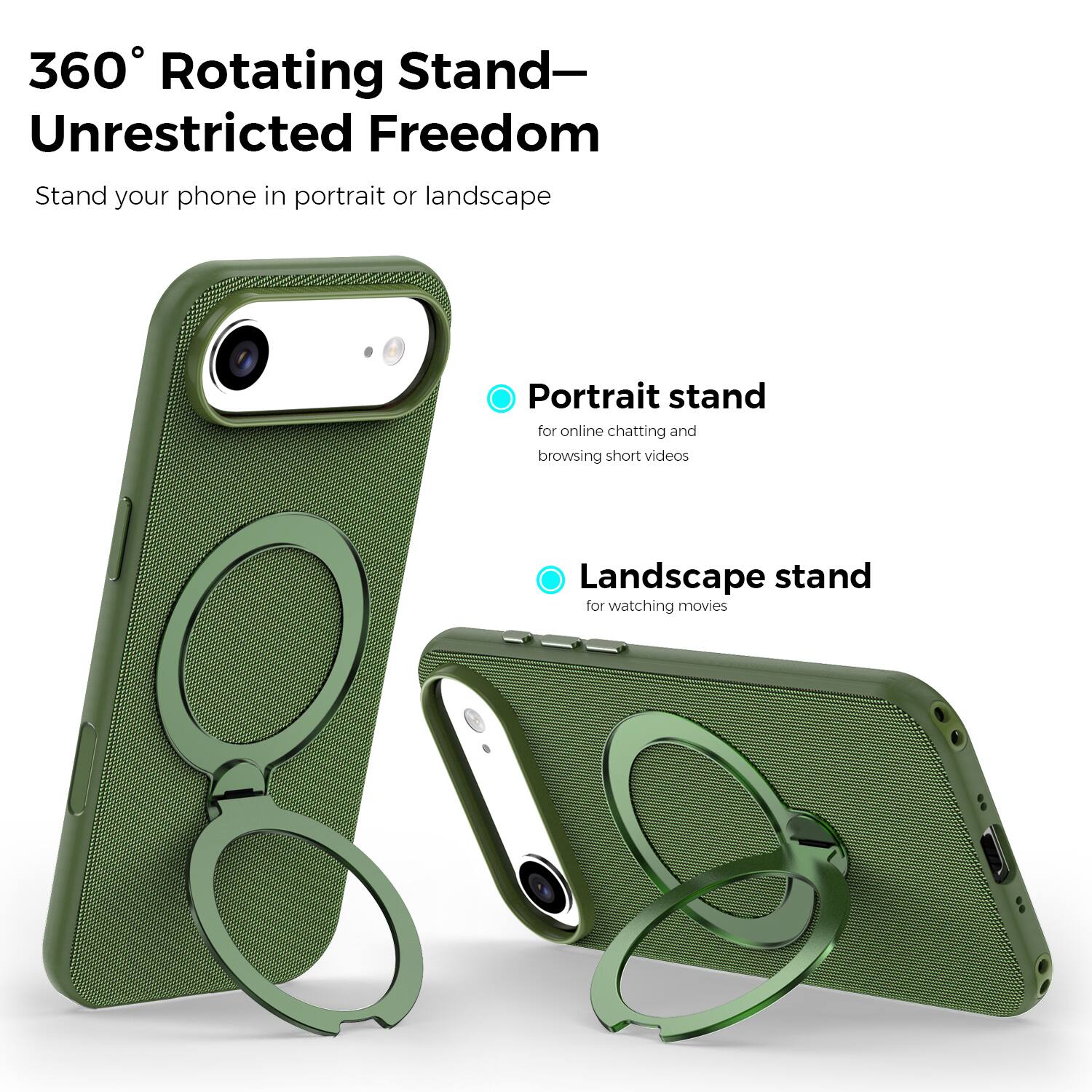 360° Rotating Stand—Unrestricted Freedom

Stand your phone in portrait or landscape

Portrait stand for online chatting and browsing short videos

Landscape stand for watching movies