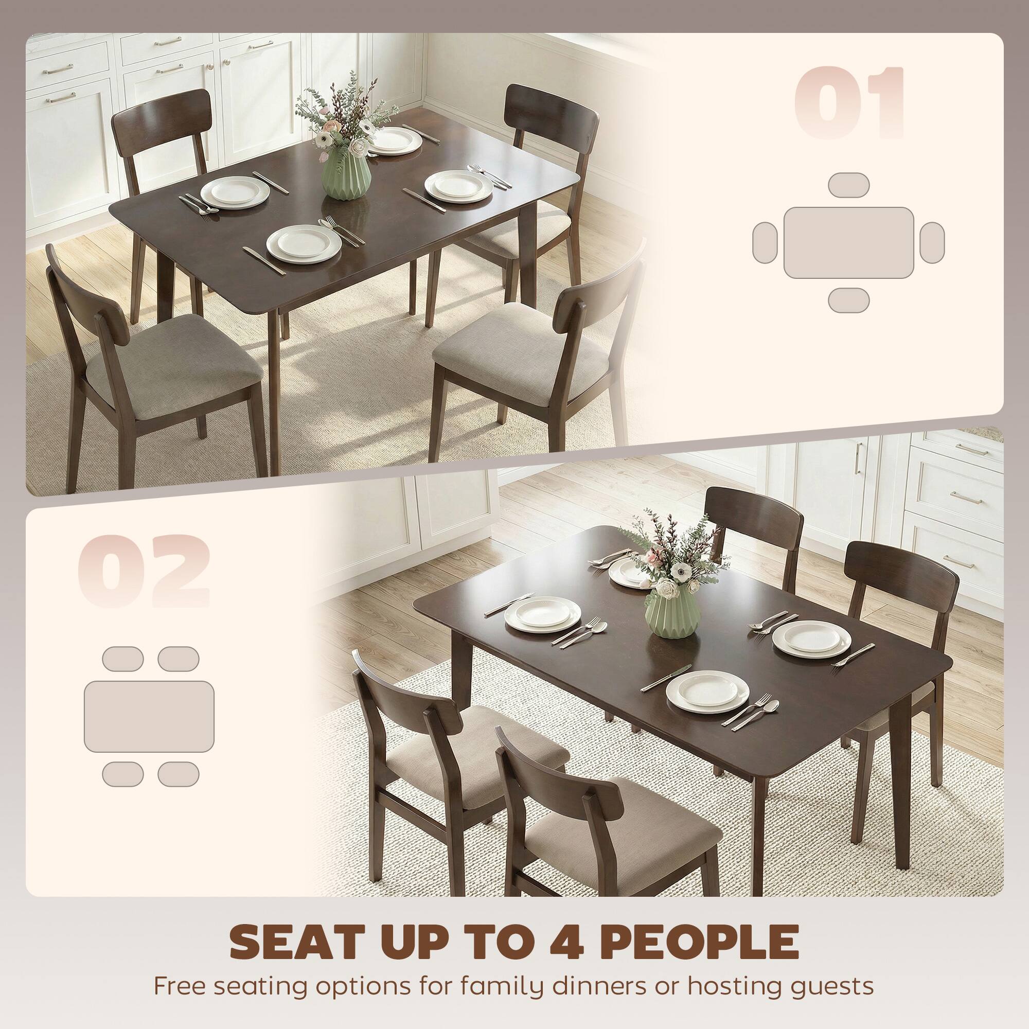 01 SEAT UP TO 4 PEOPLE  
Free seating options for family dinners or hosting guests

02 SEAT UP TO 4 PEOPLE  
Free seating options for family dinners or hosting guests