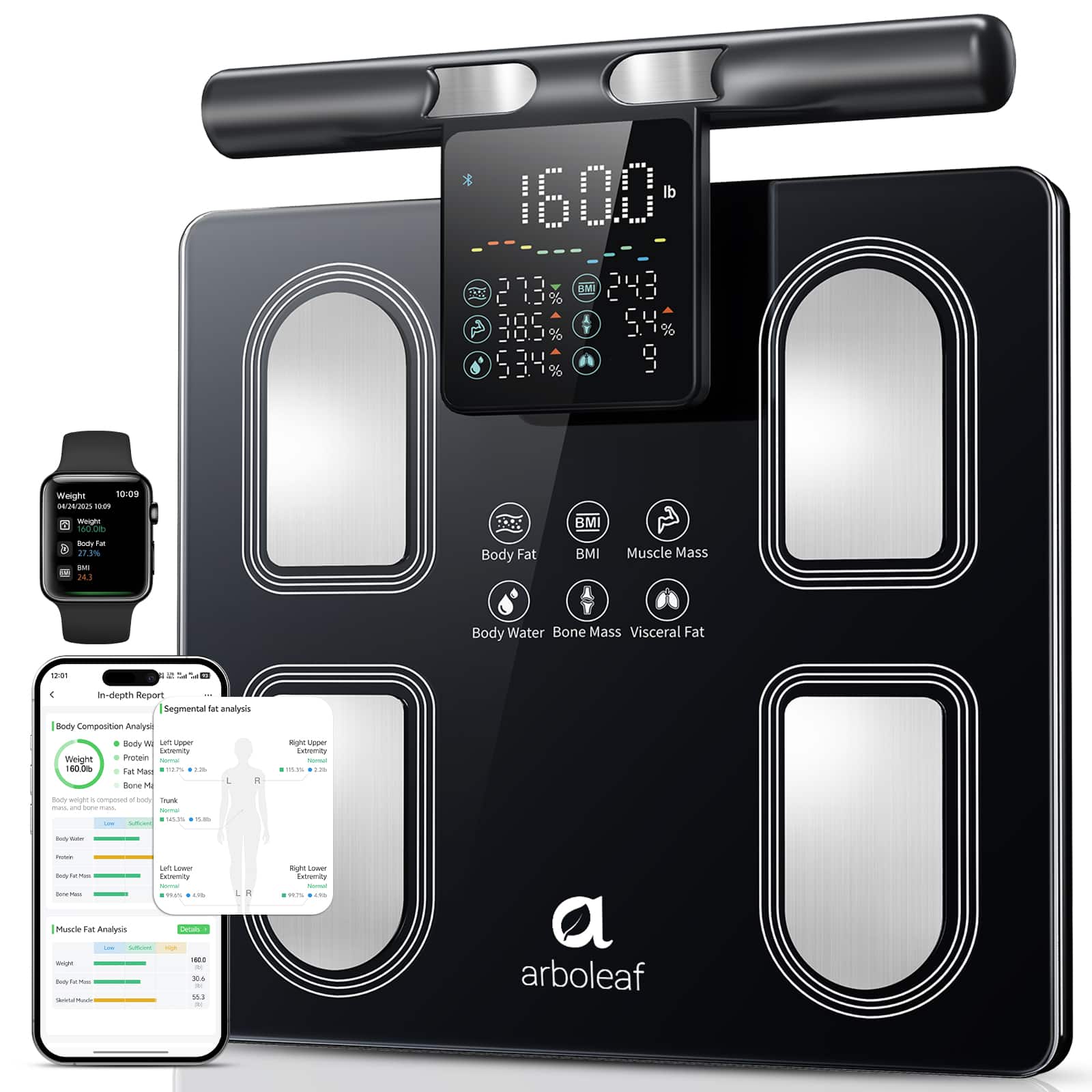 Arboleaf - 8-Electrode Smart Body Fat Scale with Handle Display, 50+ Metrics, Bluetooth, Unlimited Users - Black