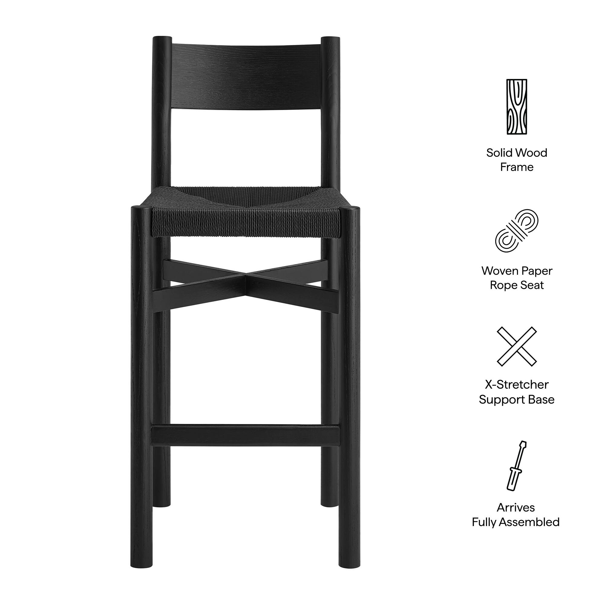 Solid Wood Frame Woven Paper Rope Seat X-Stretcher Support Base Arrives Fully Assembled