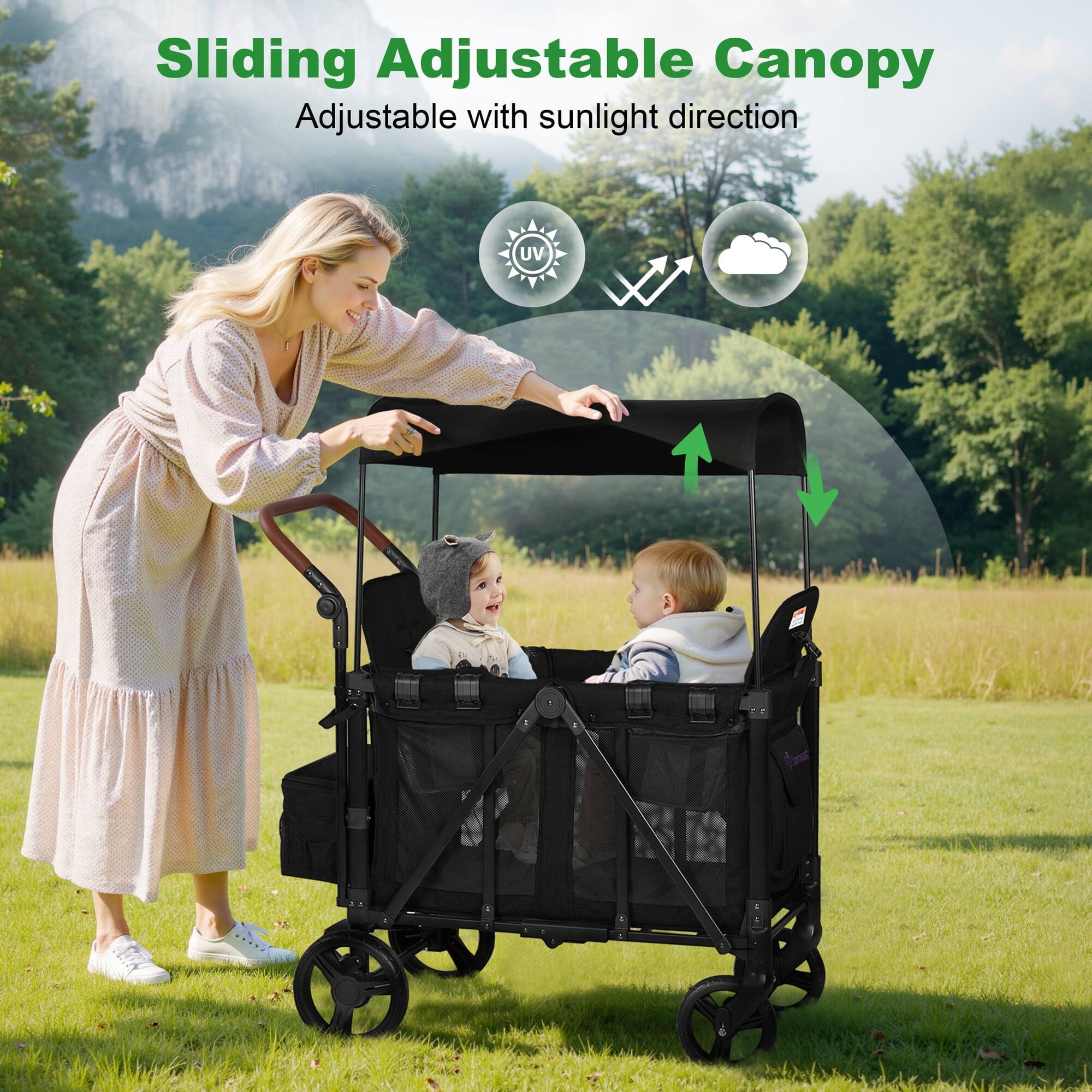 Wisairt Wagon Stroller for 2 Kids, 3 in 1 Foldable Stroller Wagon with ...