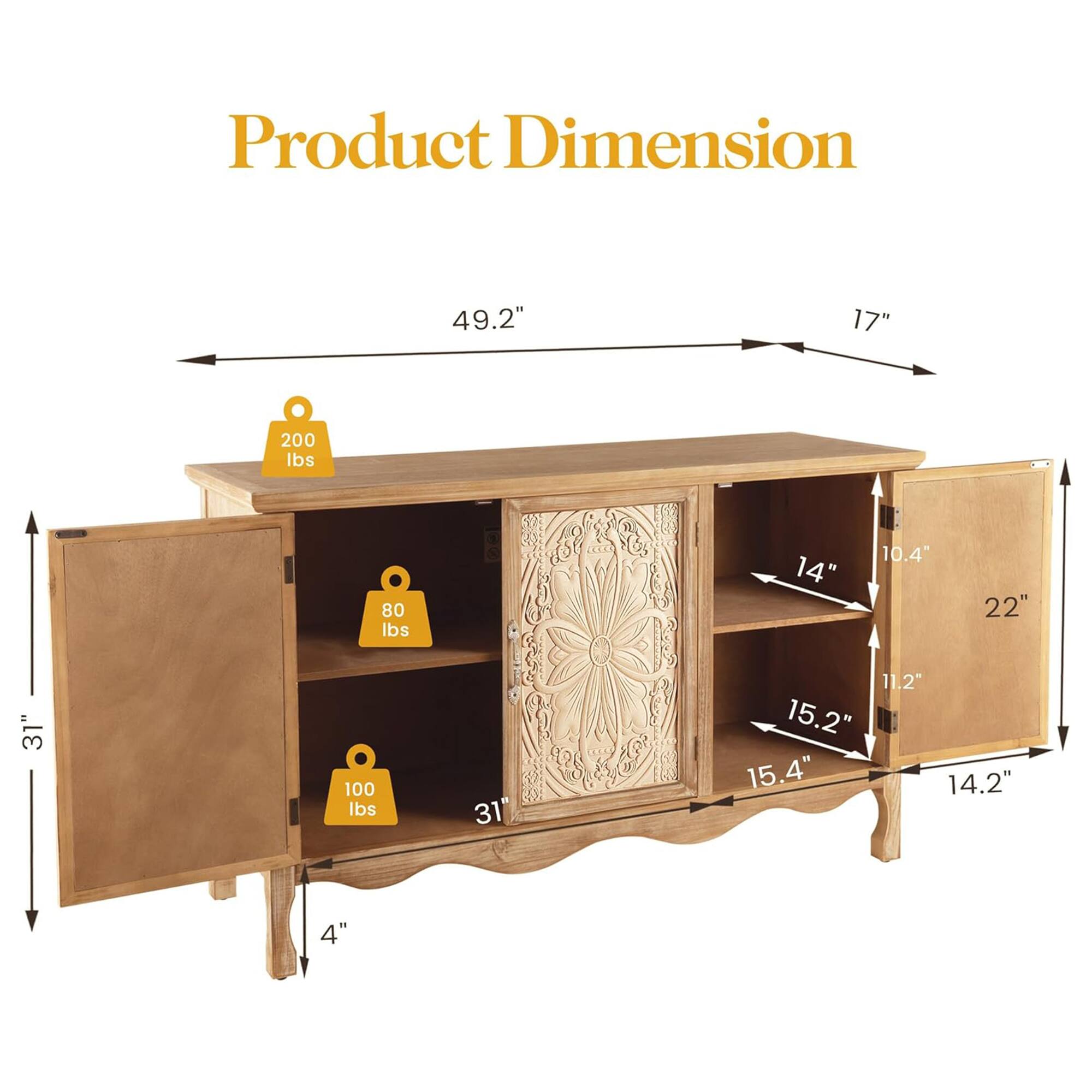 Product Dimension:  
- 49.2"  
- 17"  
- 200 lbs  
- 80 lbs  
- 14"  
- 10.4"  
- 22"  
- 31"  
- 100 lbs  
- 31"  
- 11.2"  
- 15.2"  
- 15.4"  
- 14.2"  
- 4"