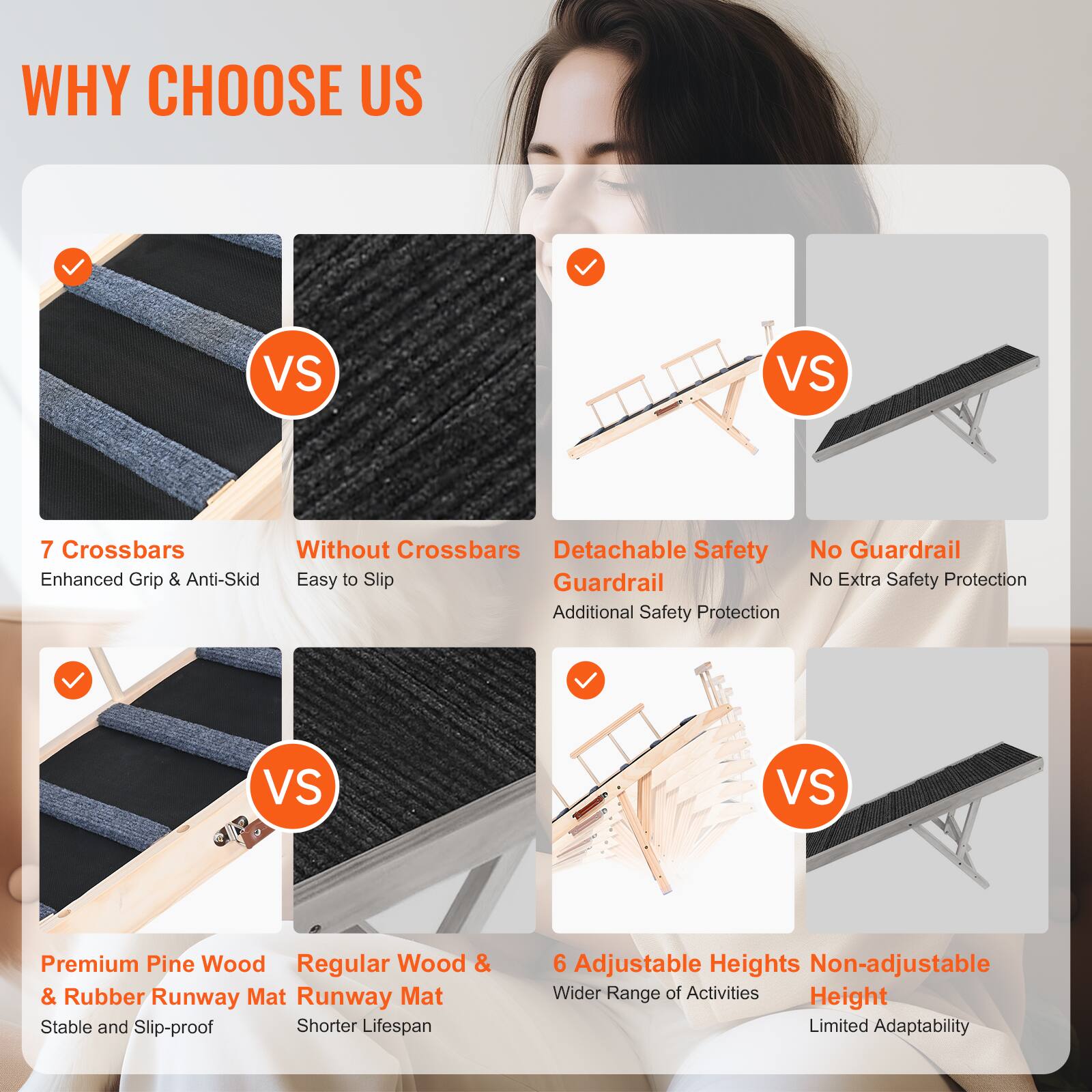 WHY CHOOSE US

- 7 Crossbars  
  Enhanced Grip & Anti-Skid  
  VS  
  Without Crossbars  
  Easy to Slip

- Detachable Safety Guardrail  
  Additional Safety Protection  
  VS  
  No Guardrail  
  No Extra Safety Protection

- Premium Pine Wood & Rubber Runway Mat  
  Stable and Slip-proof  
  VS  
  Regular Wood & Rubber Runway Mat  
  Shorter Lifespan

- 6 Adjustable Heights  
  Wider Range of Activities  
  VS  
  Non-adjustable Height  
  Limited Adaptability