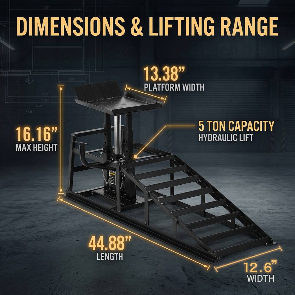 12.15" DIMENSIONS & LIFTING RANGE

13.38" PLATFORM WIDTH

16.16" MAX HEIGHT

44.88" LENGTH

12.6" WIDTH

5 TON CAPACITY HYDRAULIC LIFT