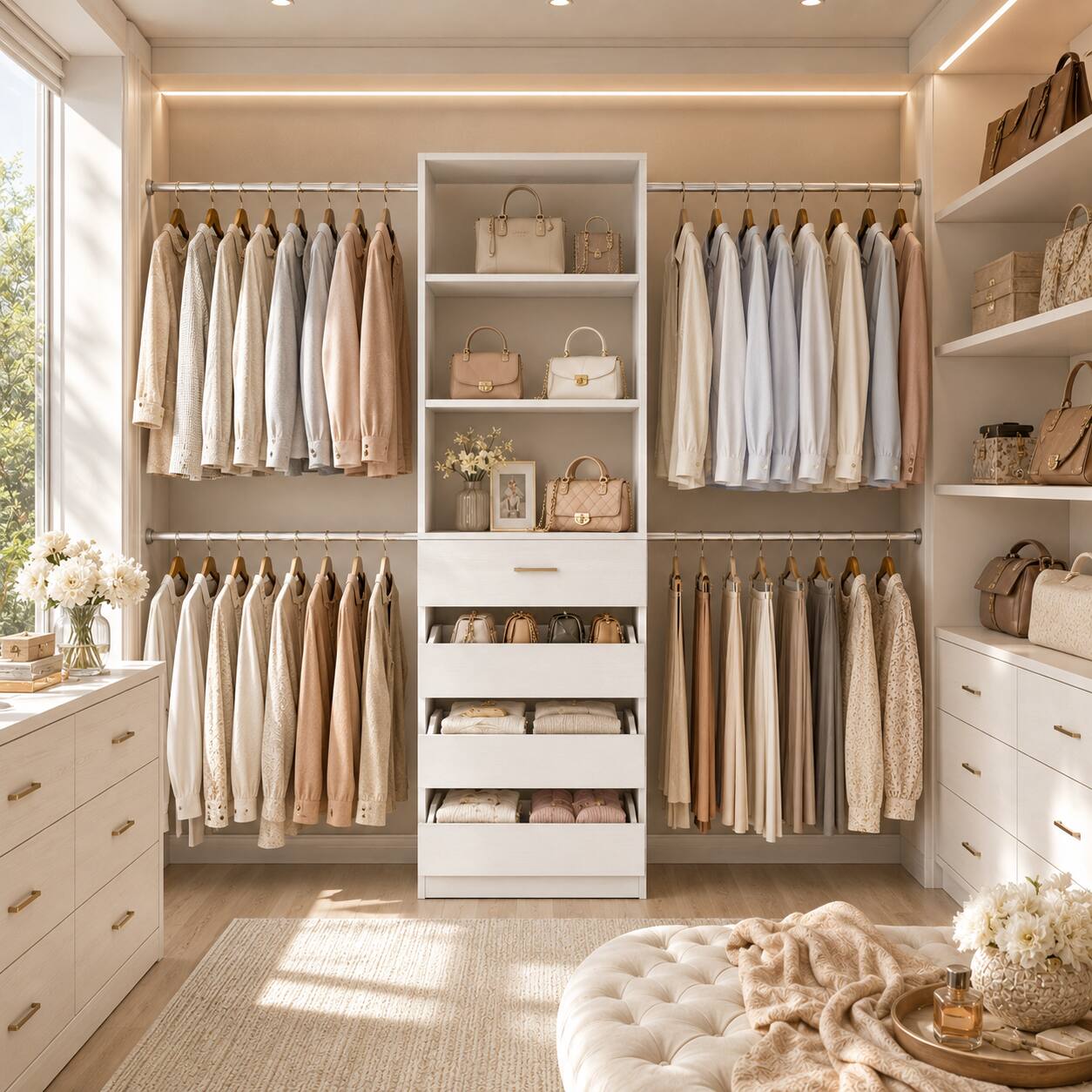 Alt View 1. Aheaplus - 4-9FT Adjustable Wooden Closet Organizer, 4 Drawers & 4 Hanging Rods, Heavy Duty Walk-in Wardrobe System - White.