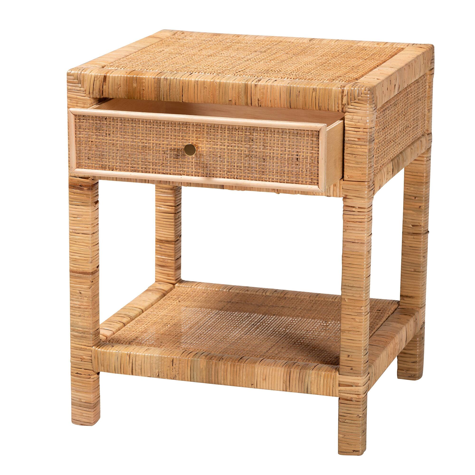 Angle. bali & pari - Adelia Modern Bohemian Natural Rattan and Mahogany Wood 1-Drawer Nightstand - Natural Brown.