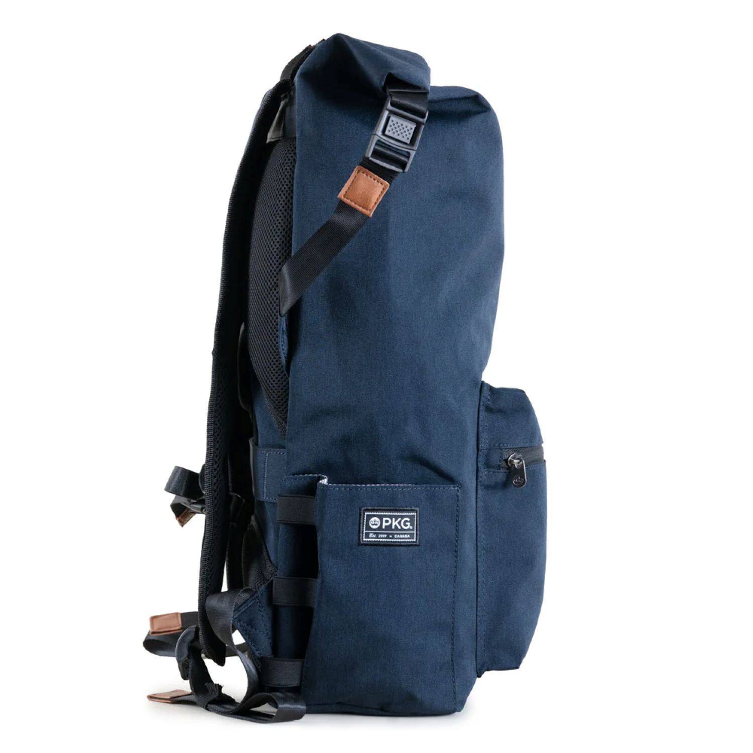 Alt View 1. PKG - Dawson Recycled Roll Top Backpack - Navy Tan.