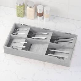 Tooloton - Bamboo Flatware Drawer Organizer Tray with 6 Slots and Labels for Utensil Storage (Grey Color) - Gray