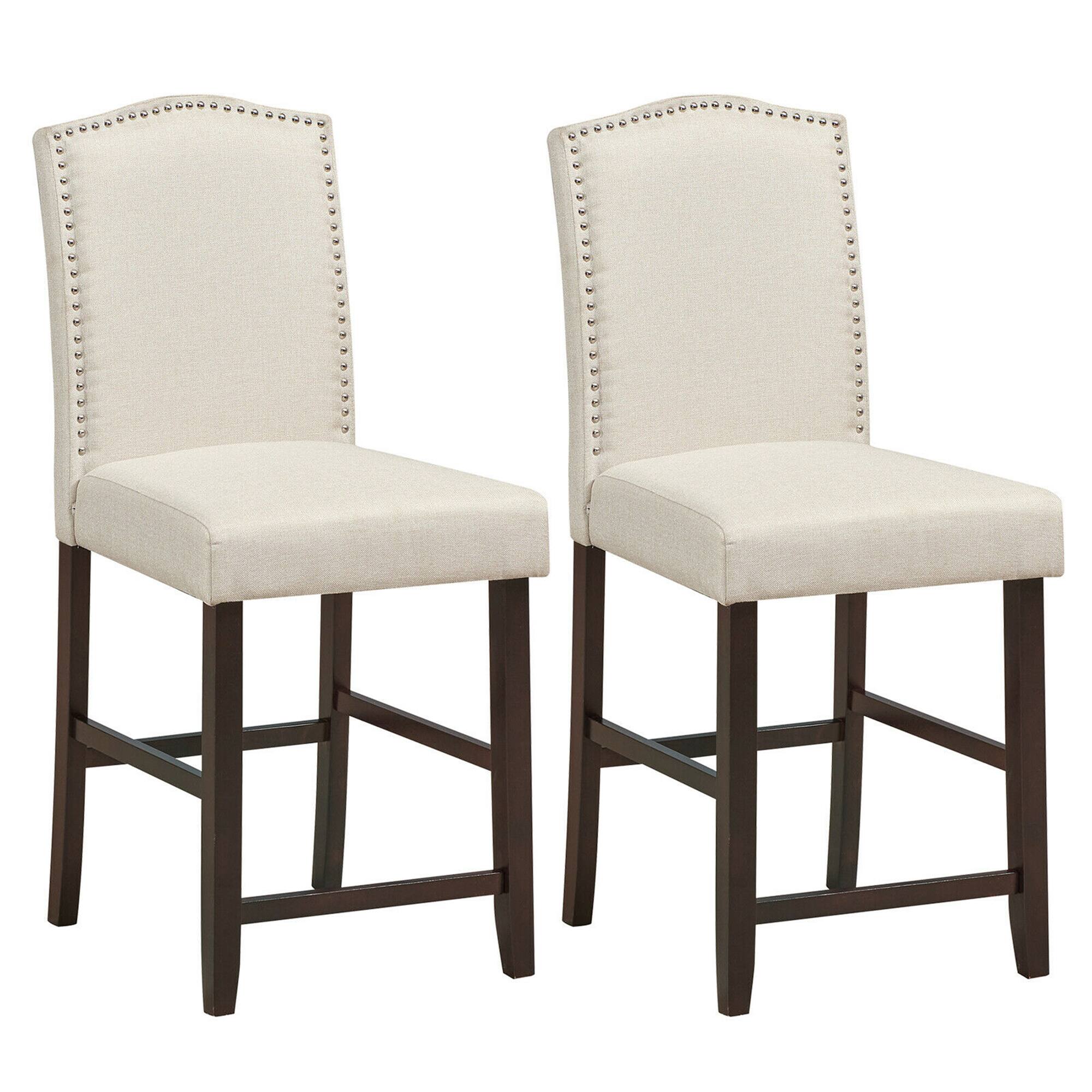 Front. Gymax - Gymax Set of 2 Fabric Barstools Nail Head Trim Counter Height Dining Side Chairs Beige - Beige.