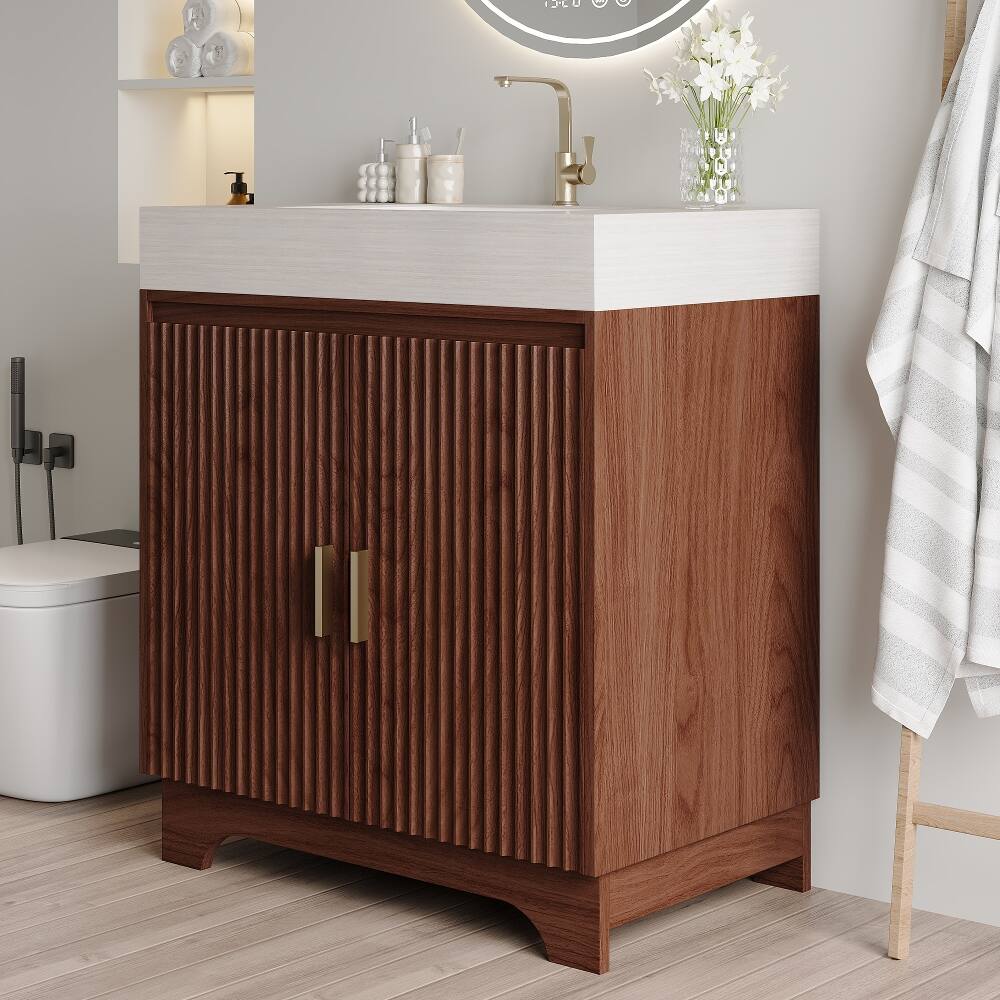 Alt View 2. Loheer - Loheer 30 inch freestanding bathroom vanity with seamless ceramic sink and sintered stone countertop - Brown, Stone Gray.