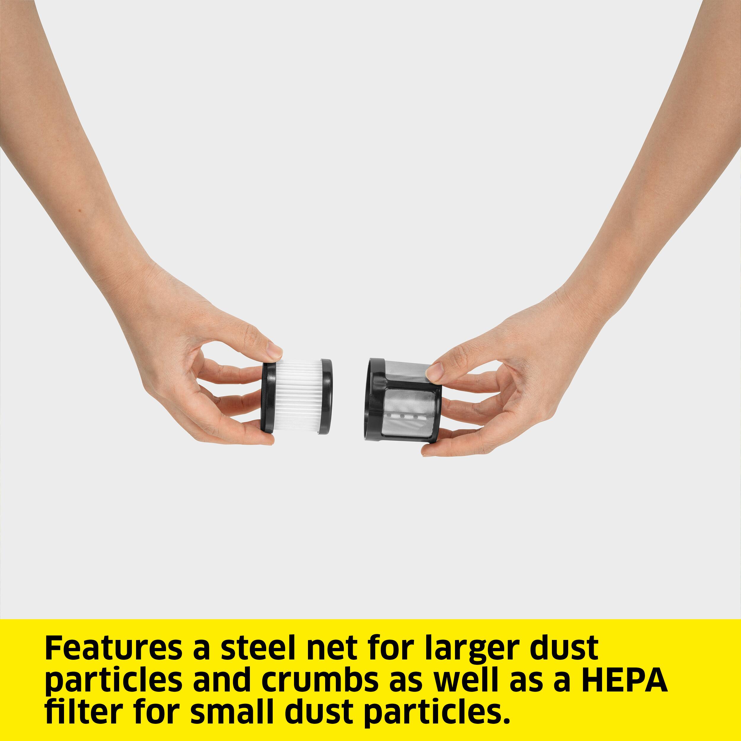 Features a steel net for larger dust particles and crumbs as well as a HEPA filter for small dust particles.