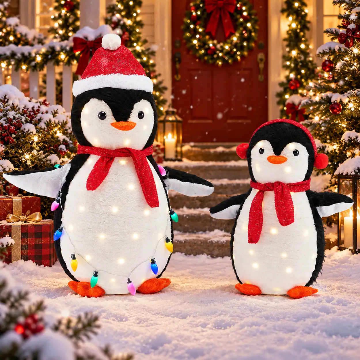 Angle. Sweet - 2-Piece Lighted Penguin Family, 150 LED Lights, Pop Up Outdoor Christmas Yard Decoration - Red.