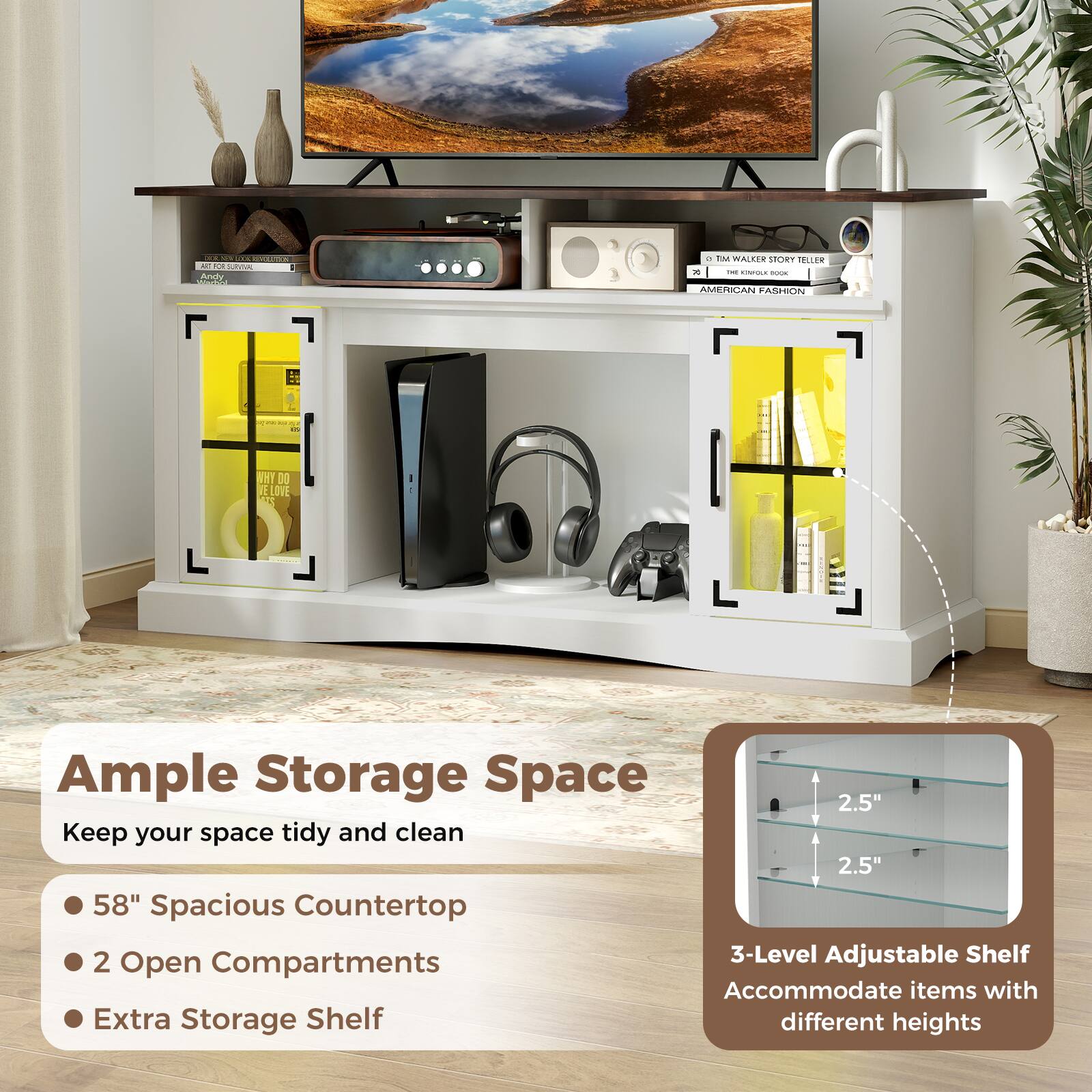 C. Ample Storage Space
D. Keep your space tidy and clean
A. 58" Spacious Countertop
B. 2 Open Compartments
E. Extra Storage Shelf
F. 3-Level Adjustable Shelf
G. Accommodate items with different heights
H. 2.5"
I. 2.5"