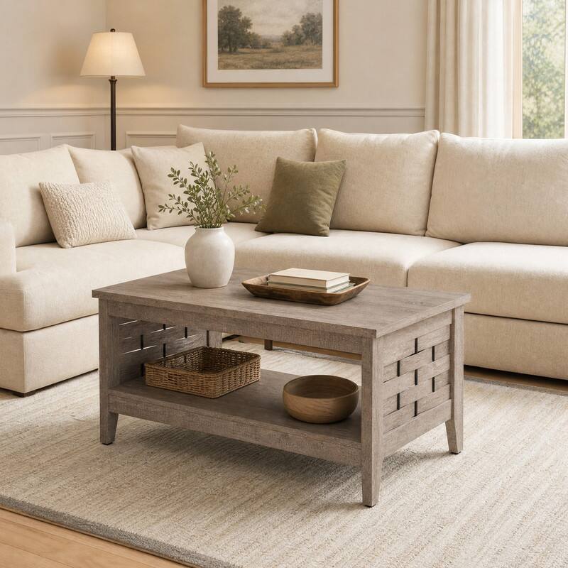 Angle. WELLFOR - 2-Tier Farmhouse Coffee Table with Open Shelf, Rectangular Center Table for Living Room - Oak.