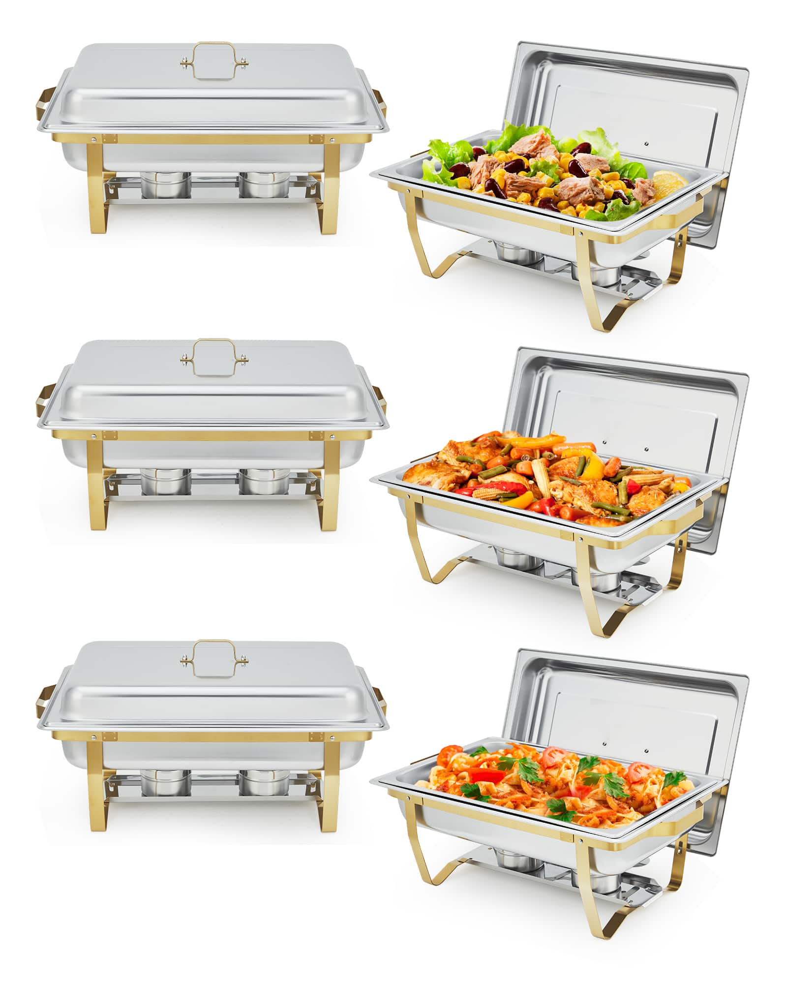 GARVEE - 6 Pack Chafing Dishes for Buffet, 8QT Buffet Servers and Warmers Set with Lid & Foldable Frame - Gold