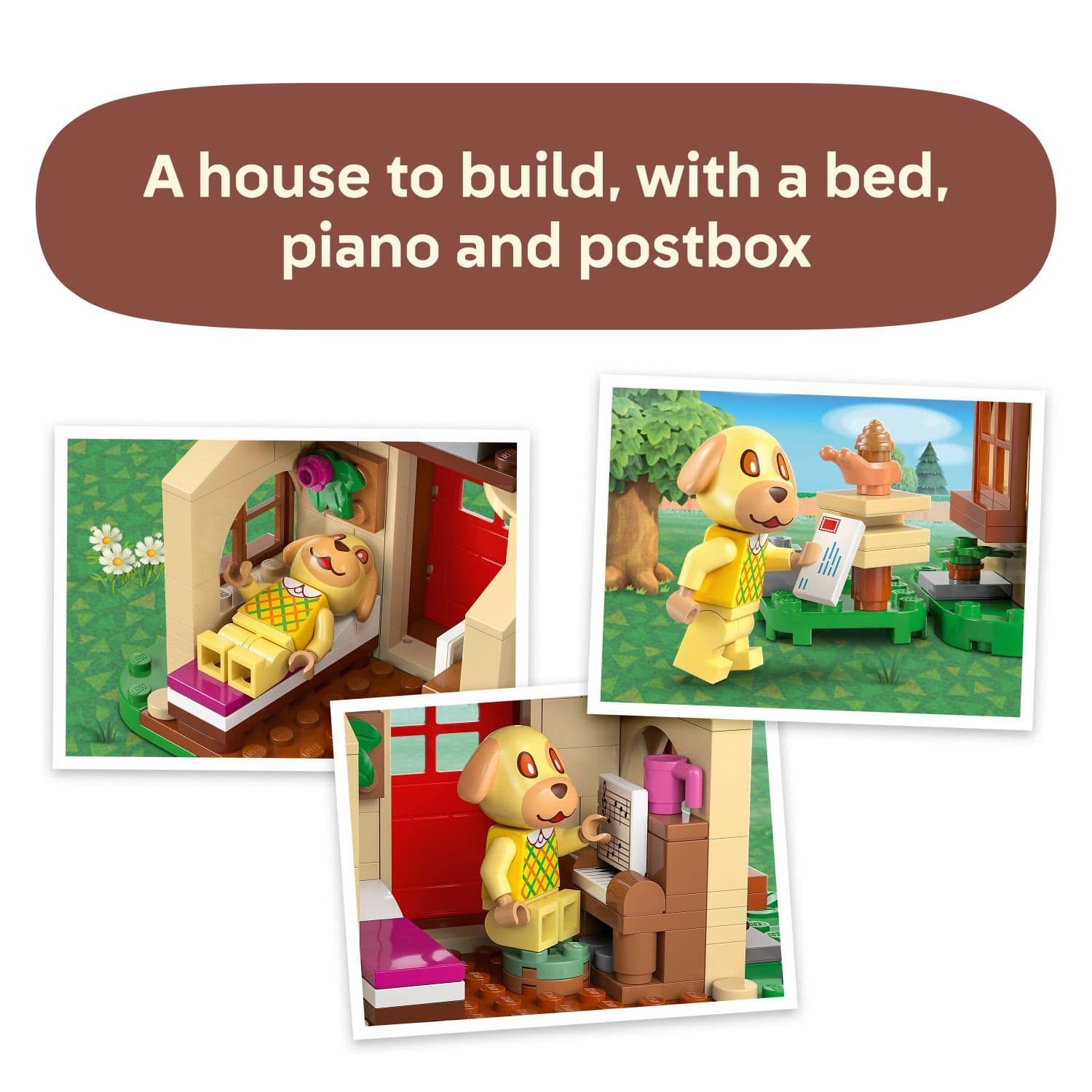 A house to build, with a bed, piano and postbox.