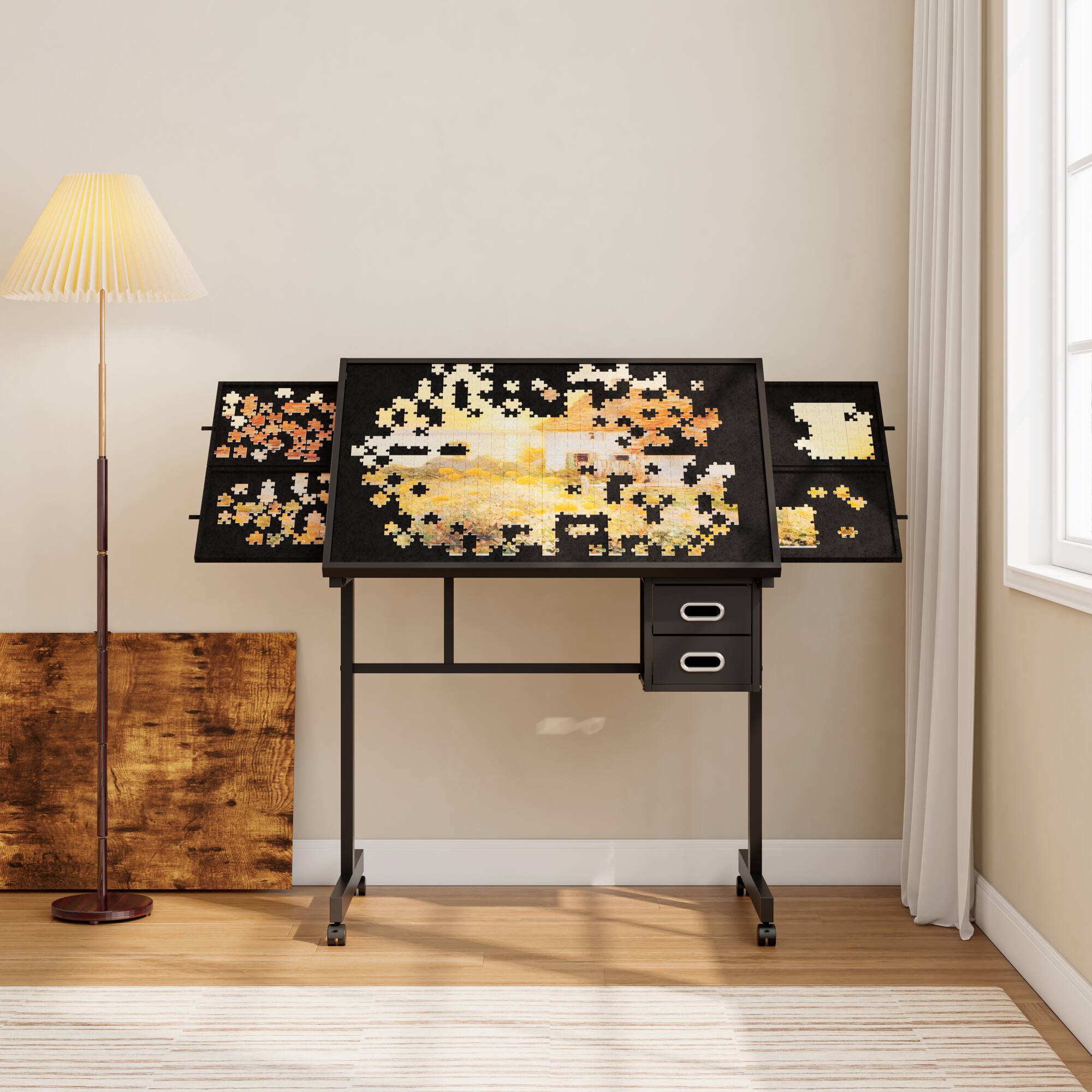 Alt View 1. GOODSILO - Professional 1000-Piece Jigsaw Puzzle Table with Storage Drawers and Mobile Base for Adult Hobbyists - Black.