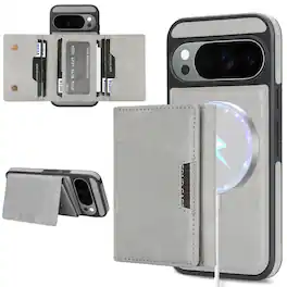 Dteck - Detachable Wallet Case for Google Pixel 10 /10 Pro,Premium PU Leather Flip Card Holder Stand Shockproof Mag Safe Cover - Gray