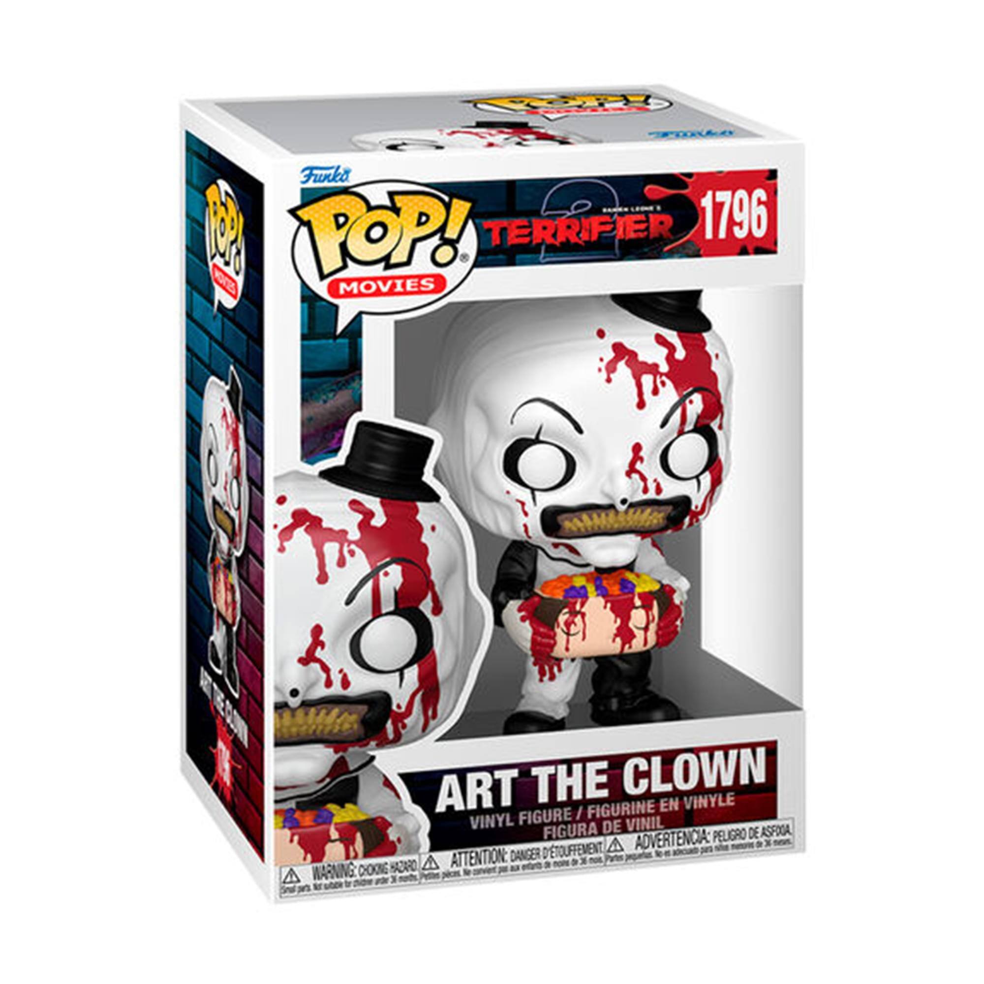 Sure, here is the corrected and grouped text from the image:

---

**Front:**
- Funko
- POP! MOVIES
- TERRIFIER 1796
- ART THE CLOWN
- VINYL FIGURE / FIGURINE EN VINYLE / FIGURA DE VINIL / FIGURA DE VINIL
- WARNING: CHOKING HAZARD - SMALL PARTS. NOT FOR CHILDREN UNDER 3 YEARS. ATTENTION: PELIGRO DE ASFIXIA - ADVERTENCIA: PEQUEÑOS OBJETOS QUE PUEDE CAUSAR ASFIXIA. NO ES APTO PARA NIÑOS MENORES DE 3 AÑOS.

**Top:**
- TERRIFIER 1796

**Side:**
- POP! MOVIES

**Bottom:**
- WARNING: CHOKING HAZARD - SMALL PARTS. NOT FOR CHILDREN UNDER 3 YEARS. ATTENTION: PELIGRO DE ASFIXIA - ADVERTENCIA: PEQUEÑOS OBJETOS QUE PUEDE CAUSAR ASFIXIA. NO ES APTO PARA NIÑOS MENORES DE 3 AÑOS.

---