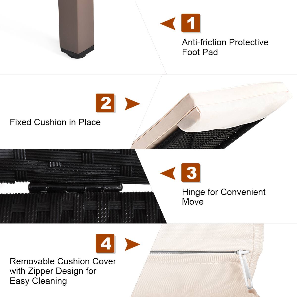 1. Anti-friction Protective Foot Pad
2. Fixed Cushion in Place
3. Hinge for Convenient Move
4. Removable Cushion Cover with Zipper Design for Easy Cleaning