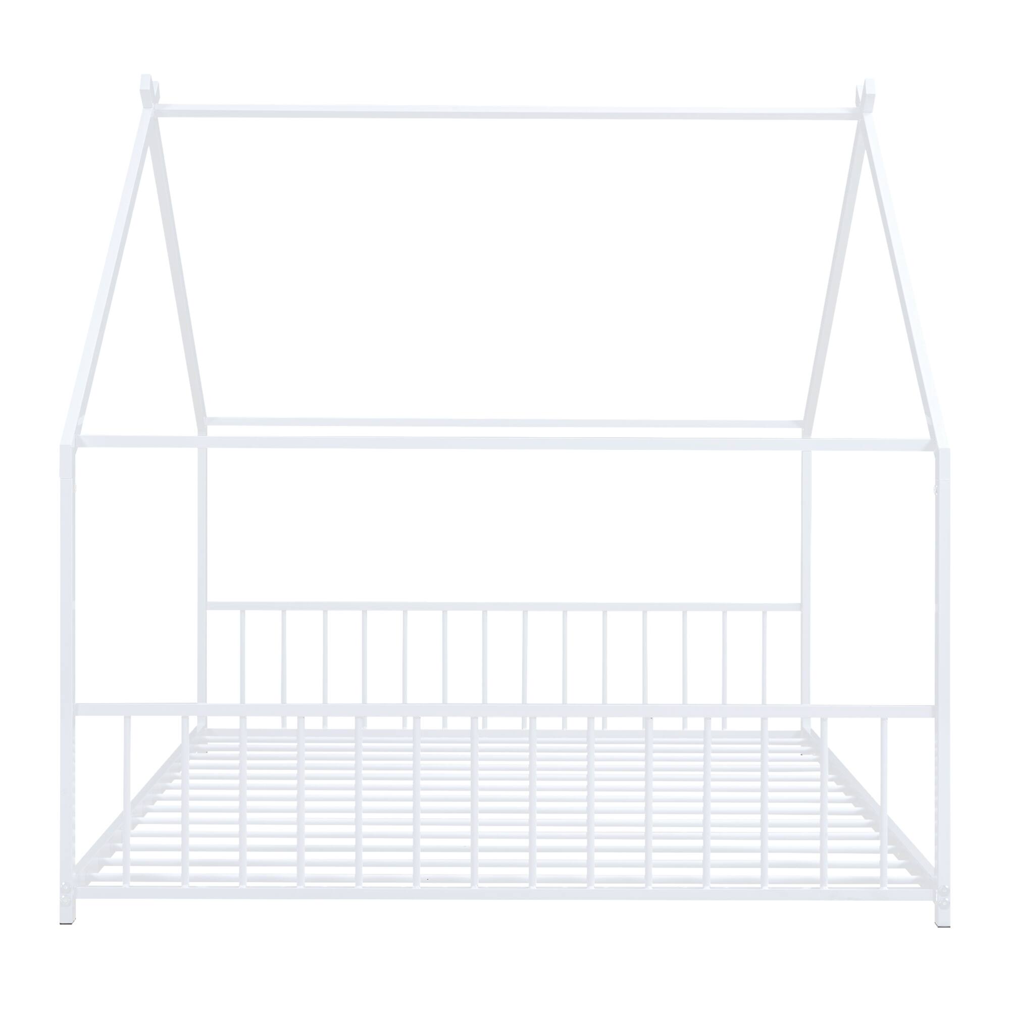 Alt View 1. GOODSILO - Full Size Metal House Bed with Playhouse Roof Design for Kids Room Furniture and Sleep Space - White.