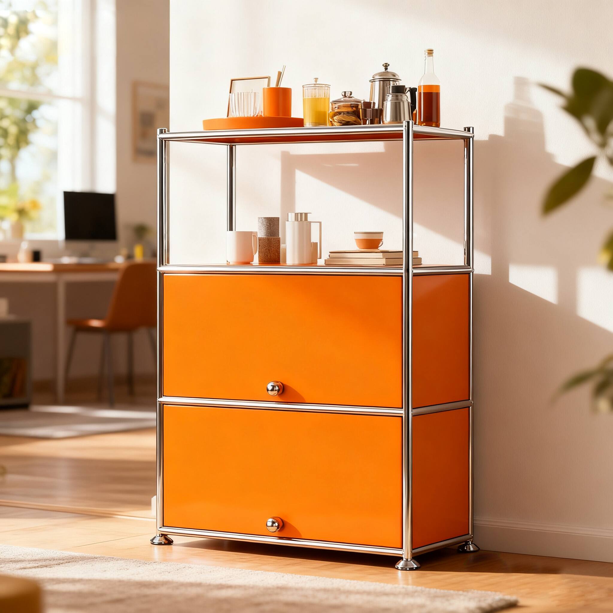 Angle. Malletson - 3-Tier Storage Cabinet Metal Shelving Unit Multi Functional Kitchen Organizer - Orange.