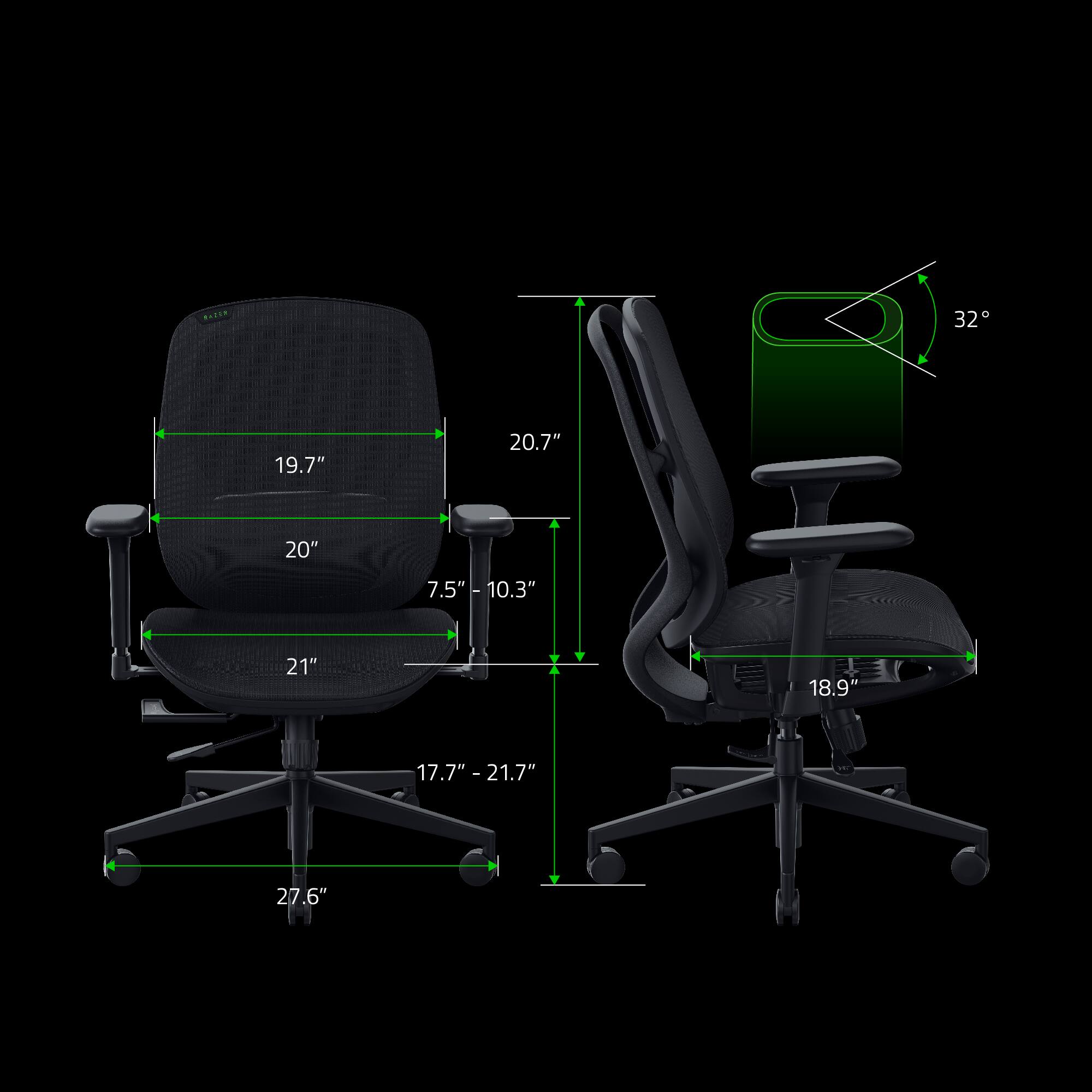 The image features a black office chair with a green back. The chair is shown in a 3D model, and the dimensions are provided in the image. The chair has a height of 19.7 inches, a width of 20.7 inches, and a depth of 20 inches. The backrest of the chair is 10.3 inches high, and the armrests are 21 inches wide. The chair's seat is 18.9 inches wide and 17.7 inches deep. The chair's overall dimensions are 27.6 inches wide, 21.7 inches deep, and 21.7 inches tall.