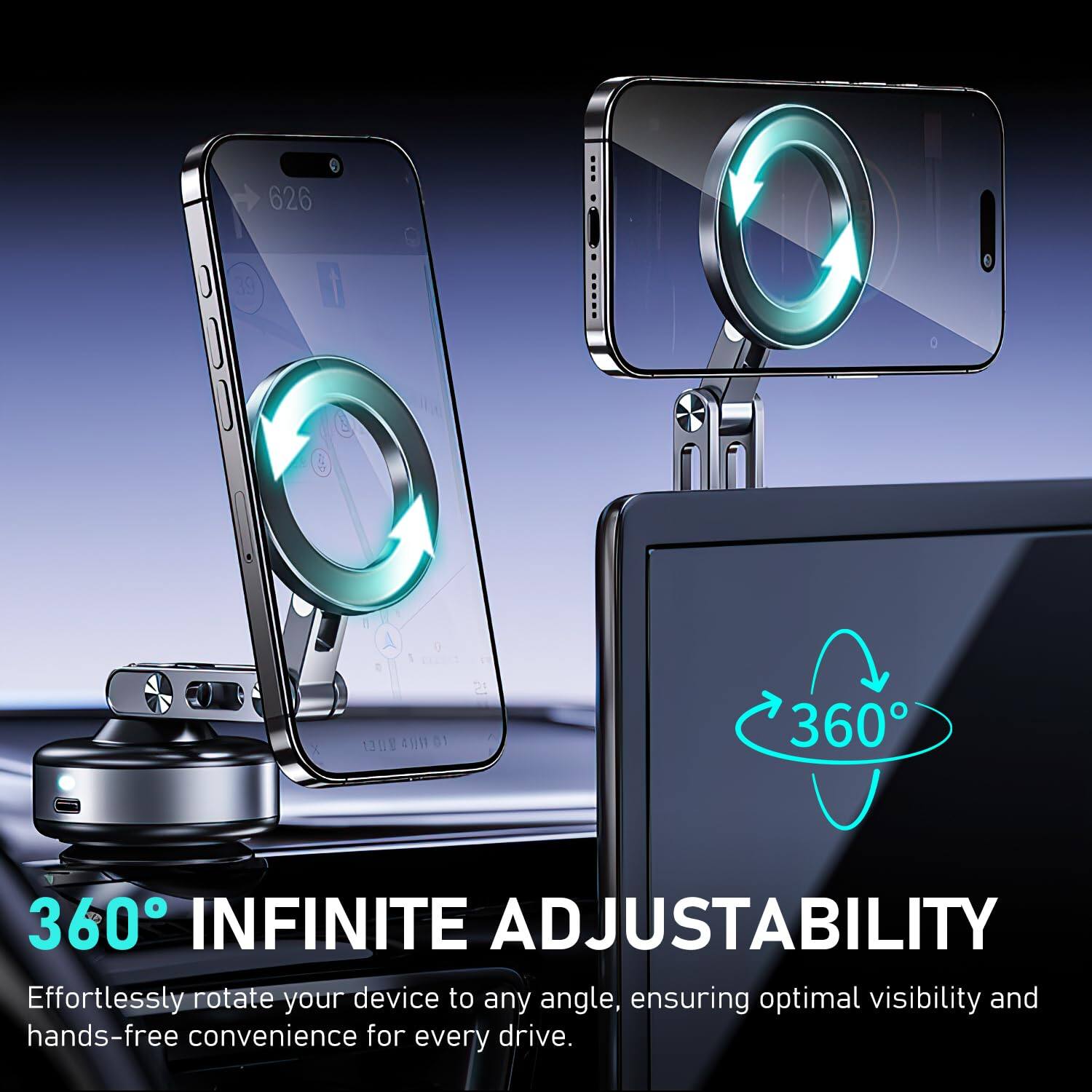 626 39 1 8 fl 1 1 1 e 130V 41/11 25 360 360

360° INFINITE ADJUSTABILITY

Effortlessly rotate your device to any angle, ensuring optimal visibility and hands-free convenience for every drive.