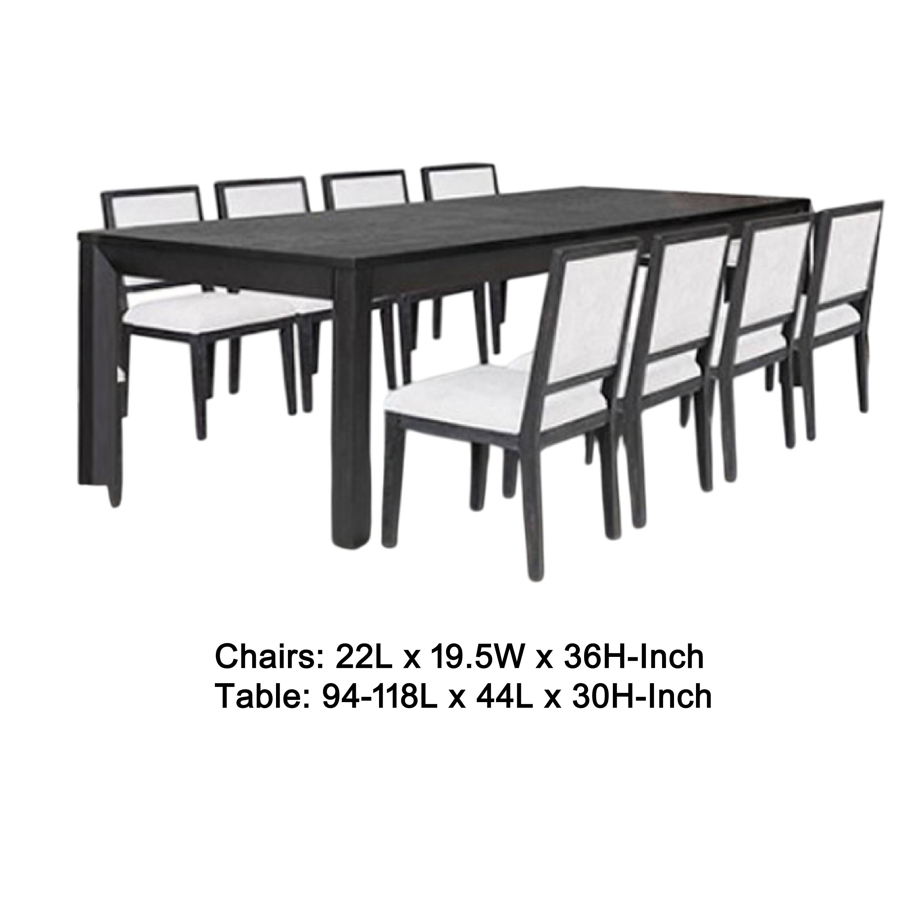 Chairs: 22L x 19.5W x 36H-Inch  
Table: 94-118L x 44L x 30H-Inch