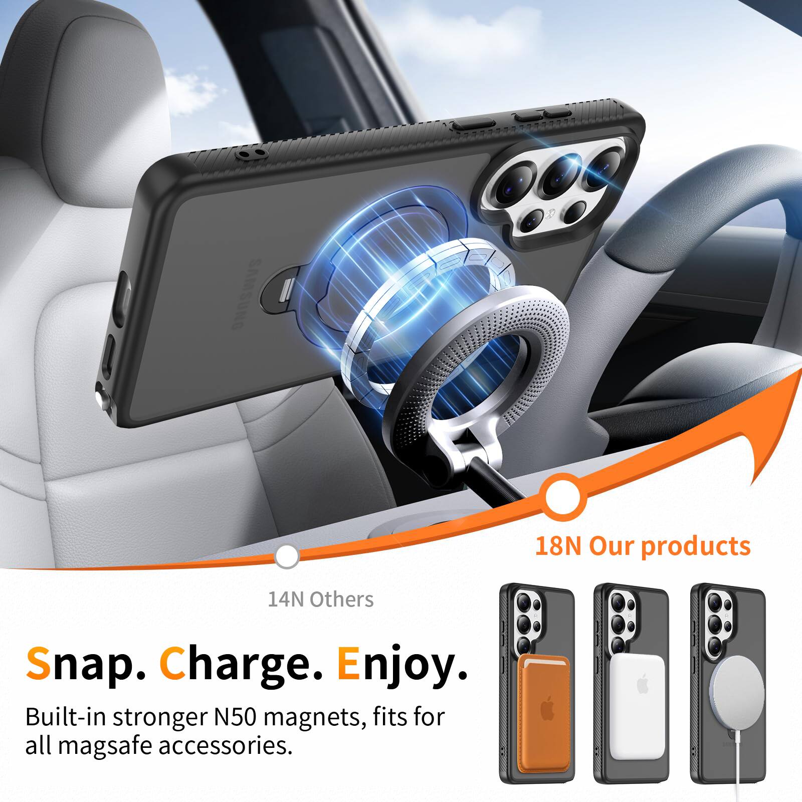18N Our products  
14N Others  
Snap. Charge. Enjoy.  
Built-in stronger N50 magnets, fits for all mag safe accessories.