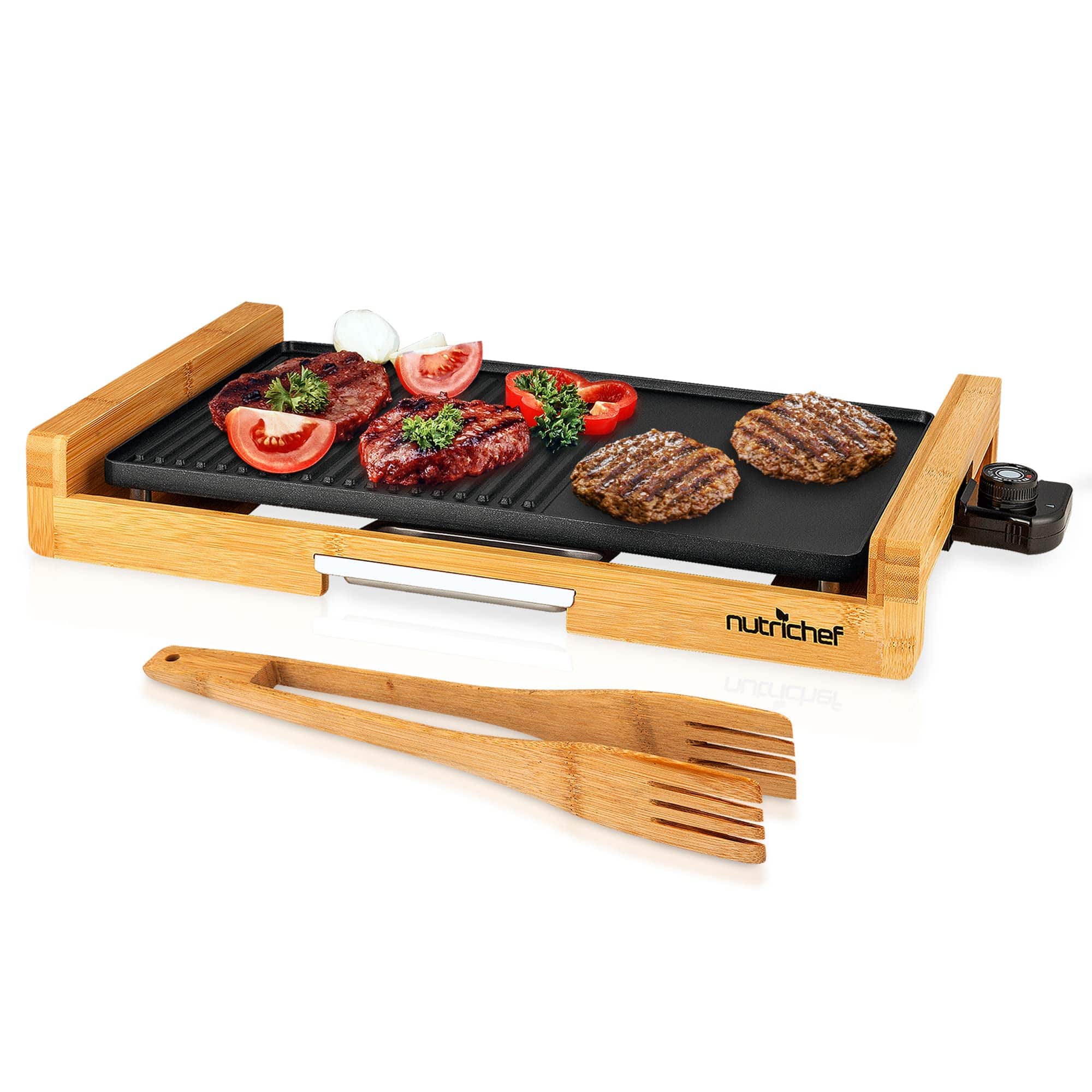NutriChef - Household Smokeless Indoor Grill, Nonstick Electric Grill with Bamboo & Adjustable Temperature (NCEGB50) - Black