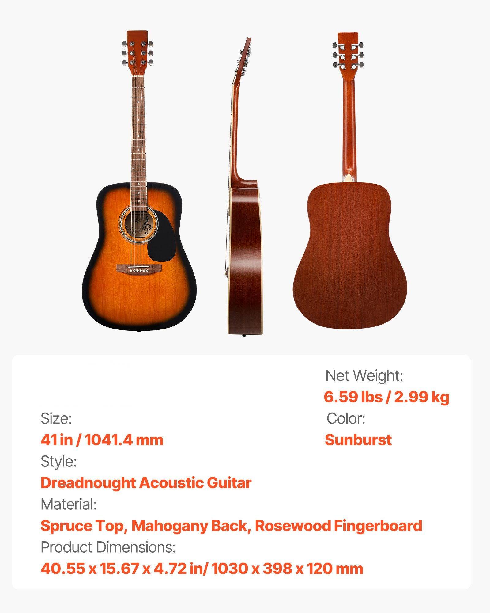 - **Net Weight:** 6.59 lbs / 2.99 kg
- **Size:** 41 in / 1041.4 mm
- **Color:** Sunburst
- **Style:** Dreadnought Acoustic Guitar
- **Material:** Spruce Top, Mahogany Back, Rosewood Fingerboard
- **Product Dimensions:** 40.55 x 15.67 x 4.72 in / 1030 x 398 x 120 mm