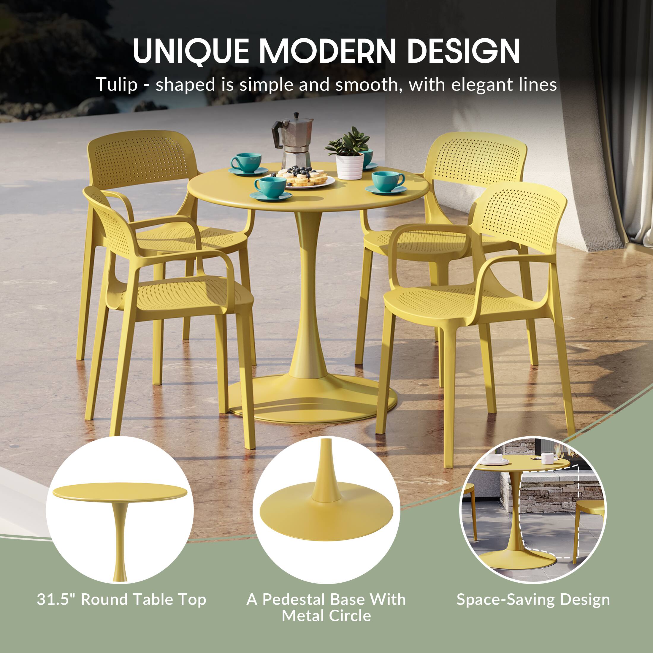 UNIQUE MODERN DESIGN  
Tulip - shaped is simple and smooth, with elegant lines  
31.5" Round Table Top  
A Pedestal Base With Metal Circle  
Space-Saving Design