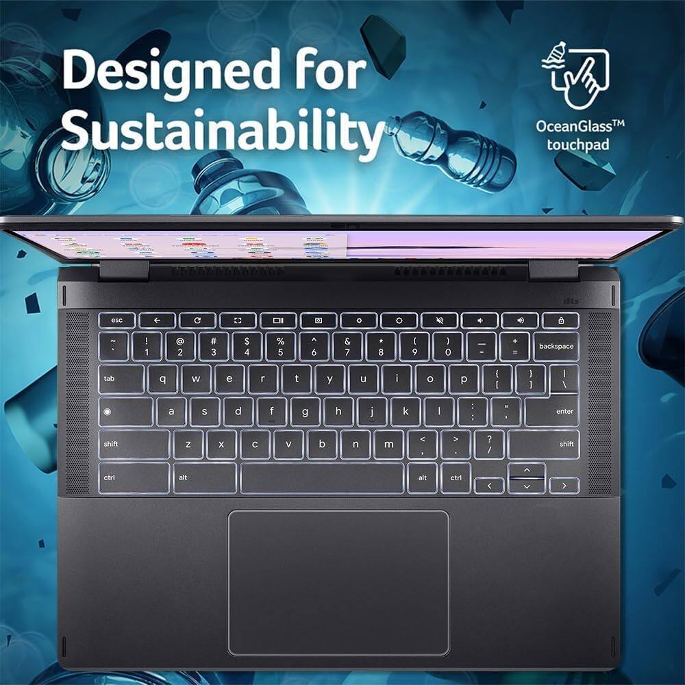 Designed for Sustainability  
OceanGlass™ touchpad  

esc 1 ! 2 @ 3 # 4 $ 5 % 6 ^ 7 & 8 * 9 ( 0 ) - _ + = backspace  
tab Q q W w E e R r T t Y y U u I i O o P p [ { ] } | enter  
shift A a S s D d F f G g H h J j K k L l ; : ' " , < . > ? / shift  
ctrl Z z X x C c V v B b N n M m , , . / shift  
alt spacebar alt ctrl