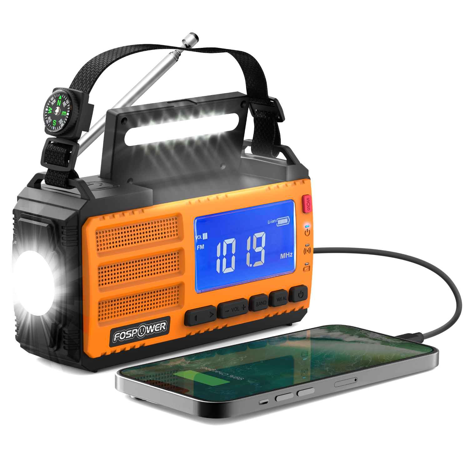 FosPower - Hand Crank Emergency Radio Portable AM FM, NOAA Weather Radio With Battery Backup 10000mAh, USB-C, Solar Power Ban - Orange