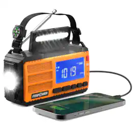 FosPower - Hand Crank Emergency Radio Portable AM FM, NOAA Weather Radio With Battery Backup 10000mAh, USB-C, Solar Power Ban - Orange