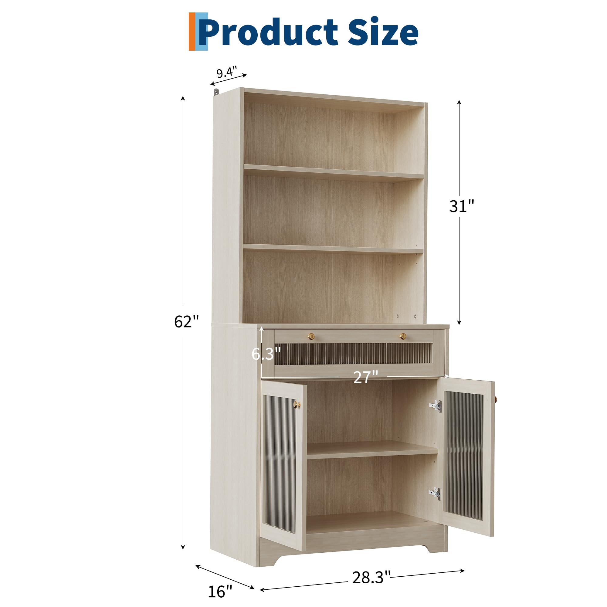 Product Size

- Height: 62"
- Width: 28.3"
- Depth: 16"
- Shelf Height: 9.4"
- Overall Height: 31"
- Door Height: 27"
- Door Width: 6.3"