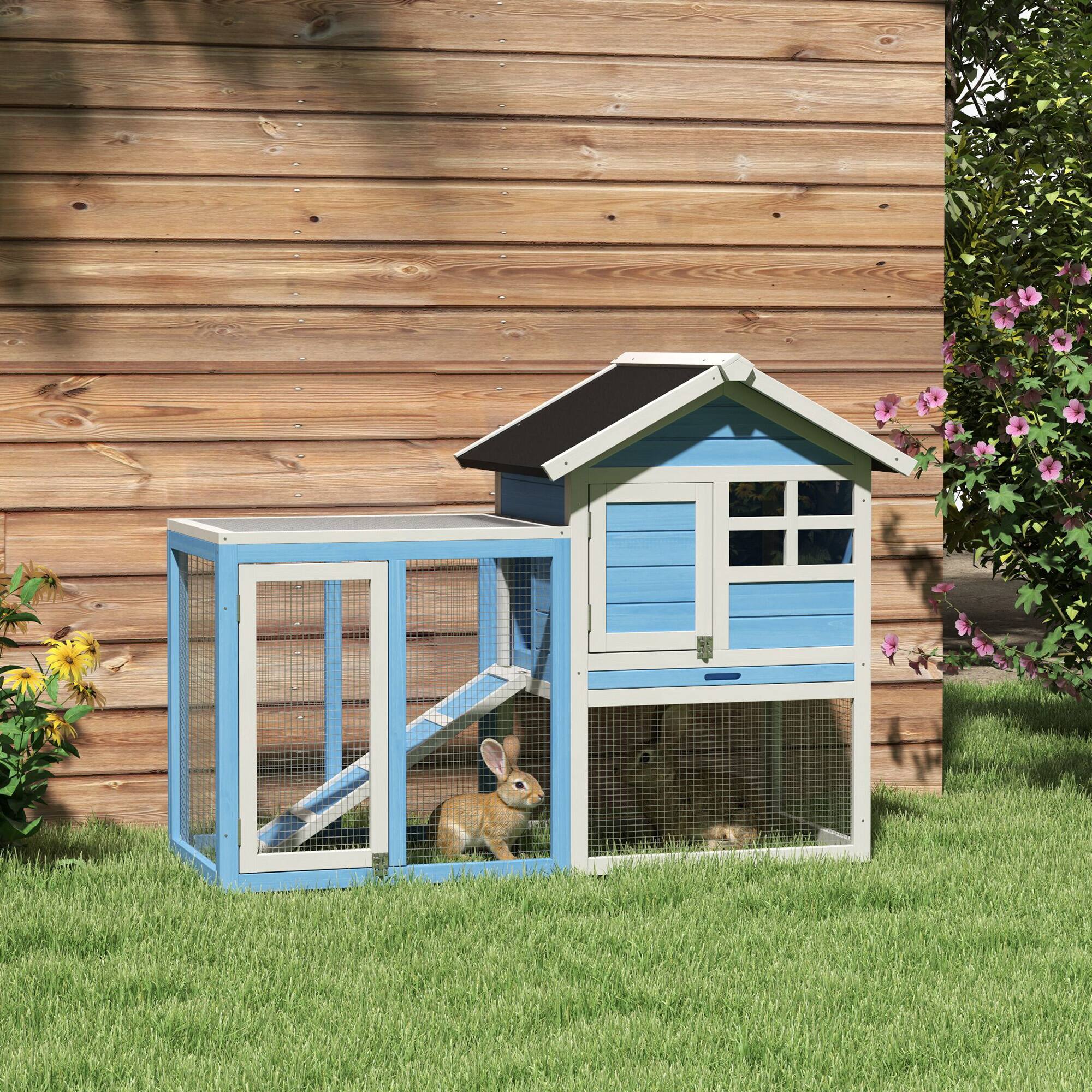 Angle. Pawhut - 48" Wooden Rabbit Hutch Bunny Cage with Waterproof Asphalt Roof, Fun Outdoor Run, Removable Tray and Ramp.
