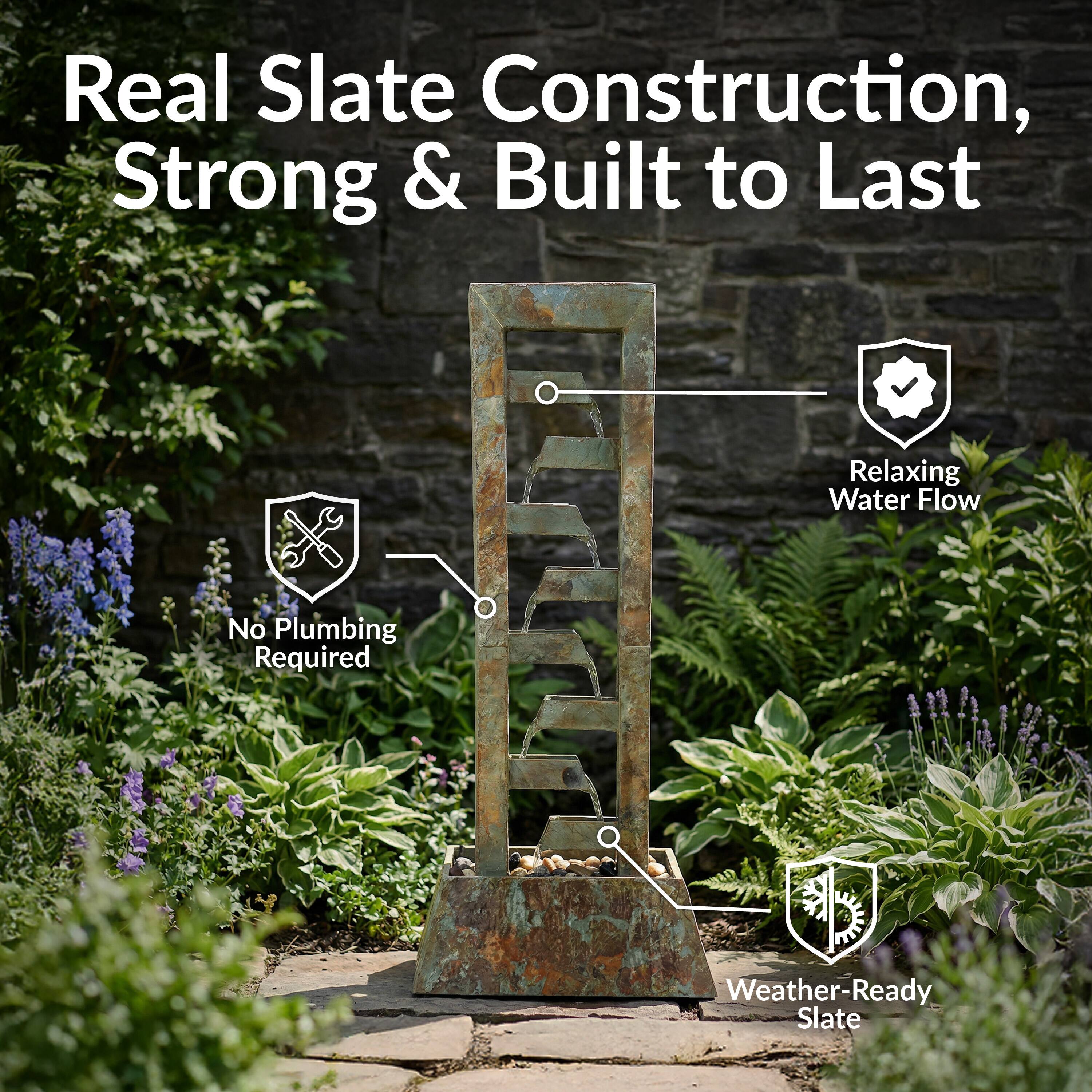 Real Slate Construction, Strong & Built to Last

- Relaxing Water Flow
- No Plumbing Required
- Weather-Ready Slate