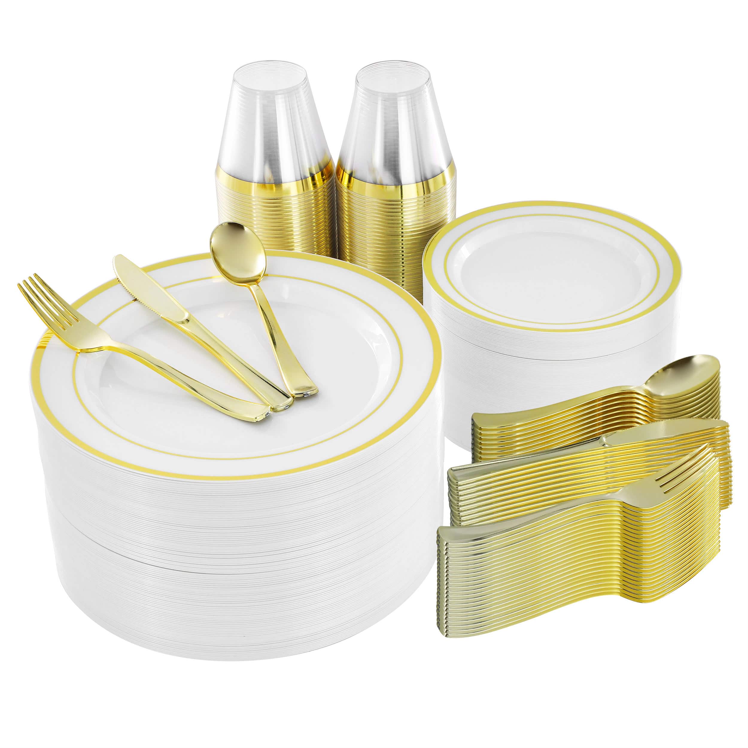 Elama - 600 Piece Disposable Plastic Dinnerware Party Set for 100 Guests with Gold Trim - White