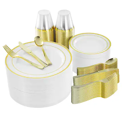 Front. Elama - Elama 600 Piece Disposable Plastic Dinnerware Party Set for 100 Guests in White with Gold Trim - White.