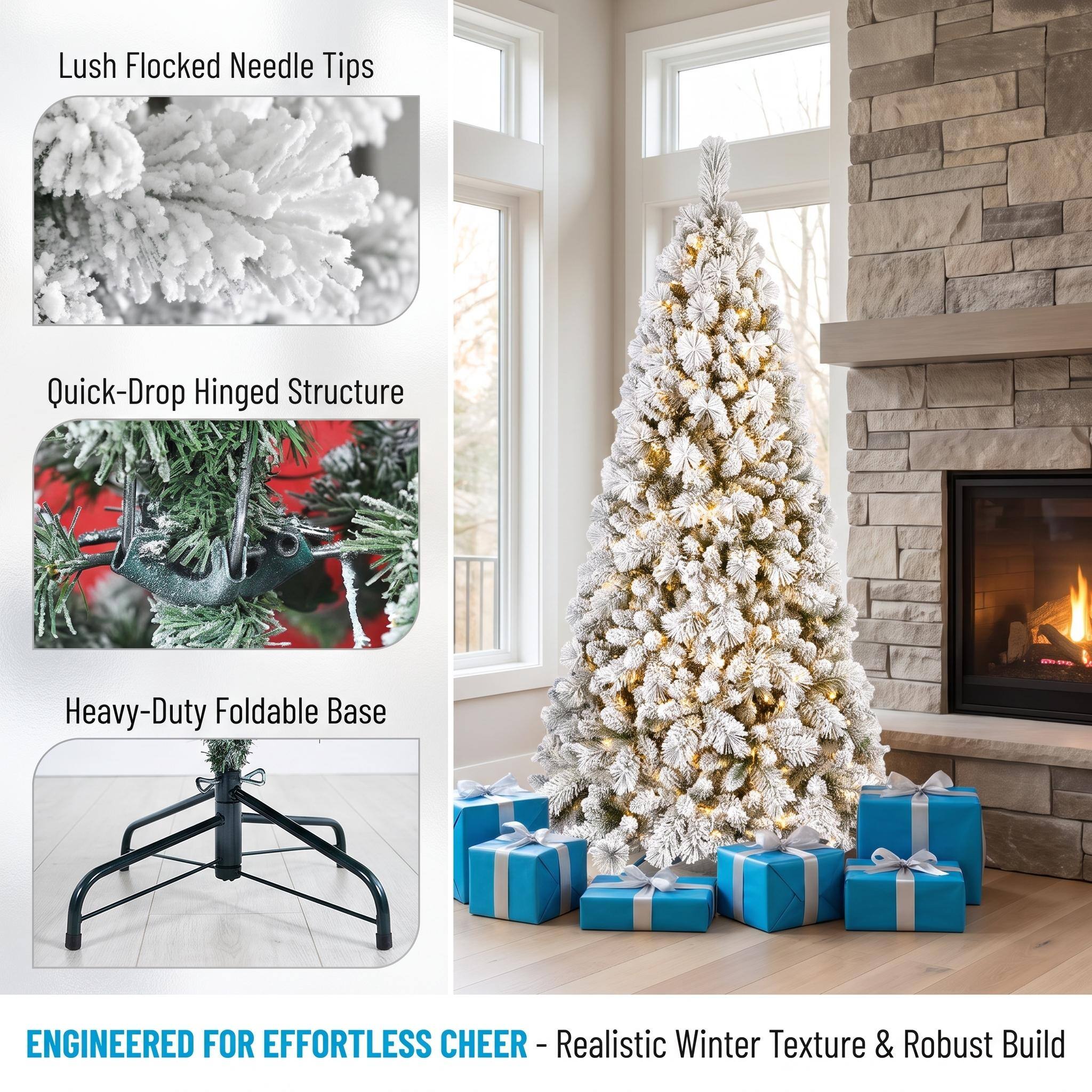 Lush Flocked Needle Tips  
Quick-Drop Hinged Structure  
Heavy-Duty Foldable Base  
ENGINEERED FOR EFFORTLESS CHEER - Realistic Winter Texture & Robust Build