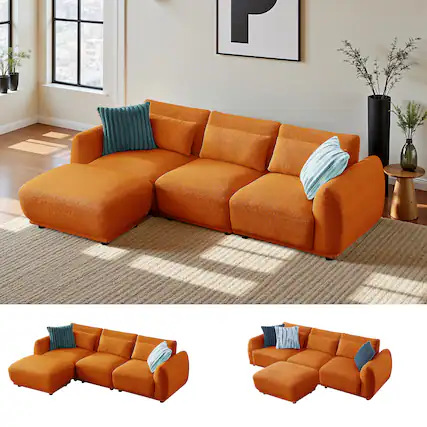 Front. Meqiodas - Modern Sectional Sofa, Modular L-Shaped Cloud Couch, Convertible Modular Sectional Sofa with Ottoman - Orange(3+1).
